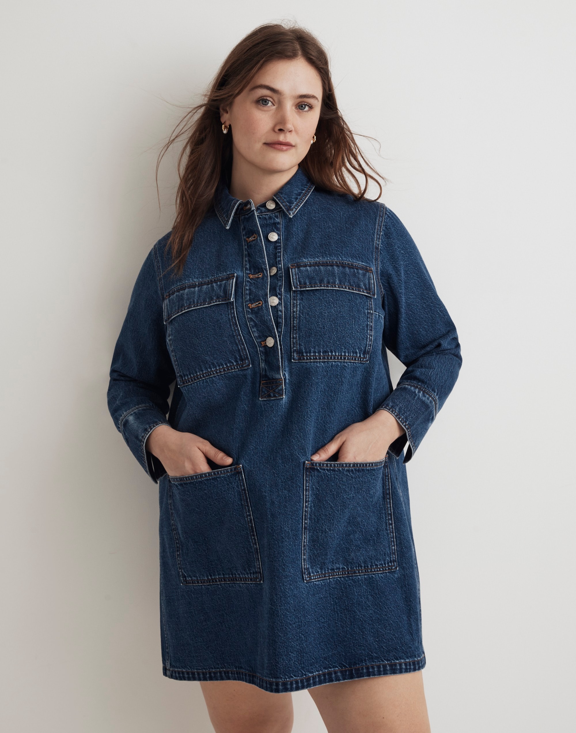 Plus Denim Popover Mini Shirtdress in Sennet Wash