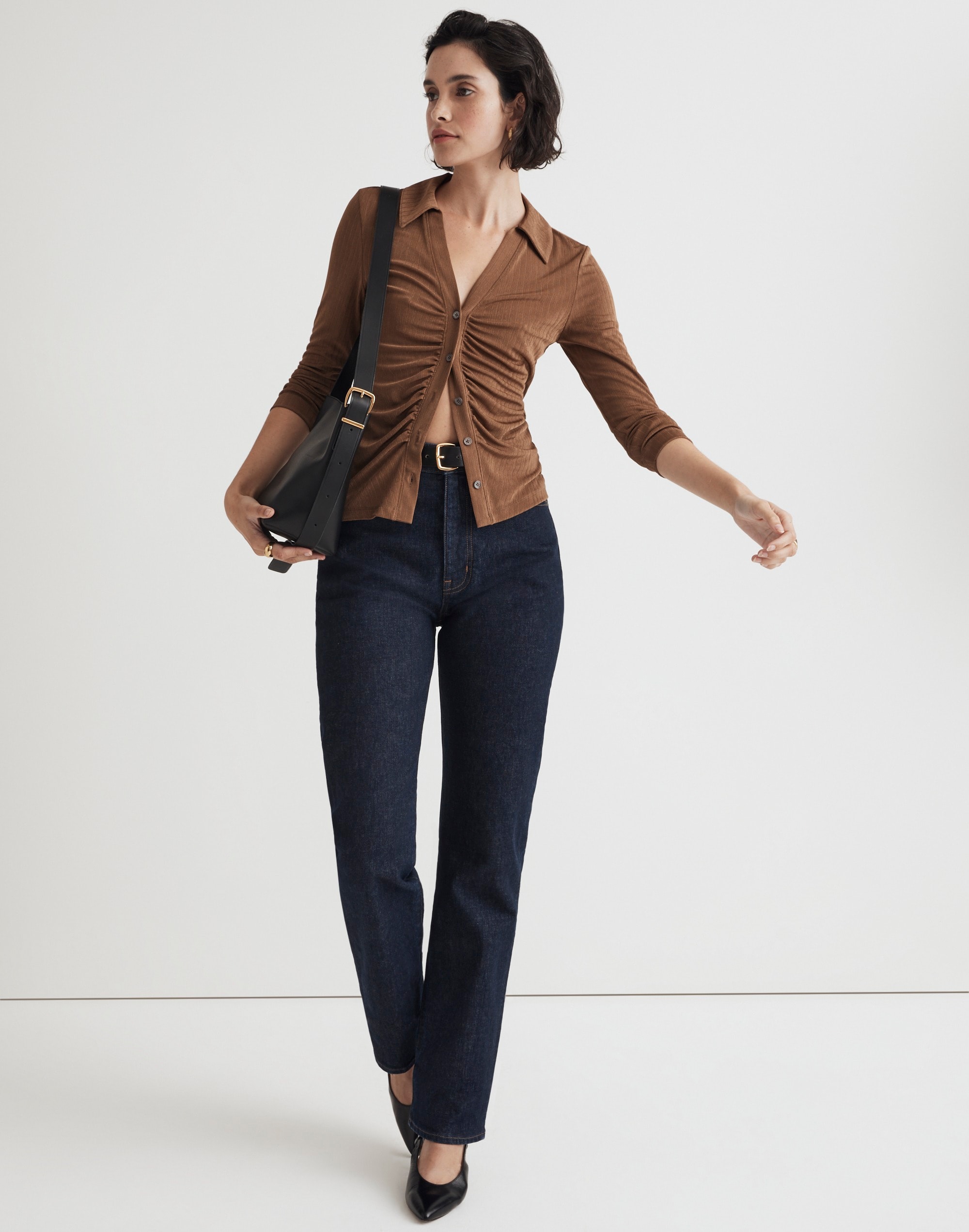 Metallic Rib Ruched Long-Sleeve Top