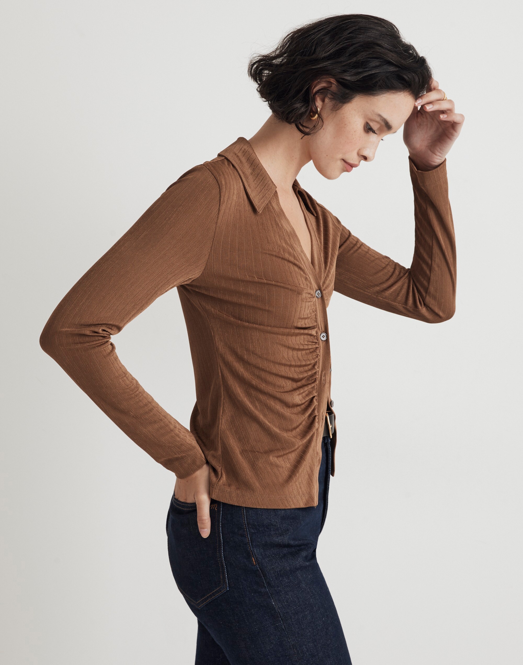 Metallic Rib Ruched Long-Sleeve Top