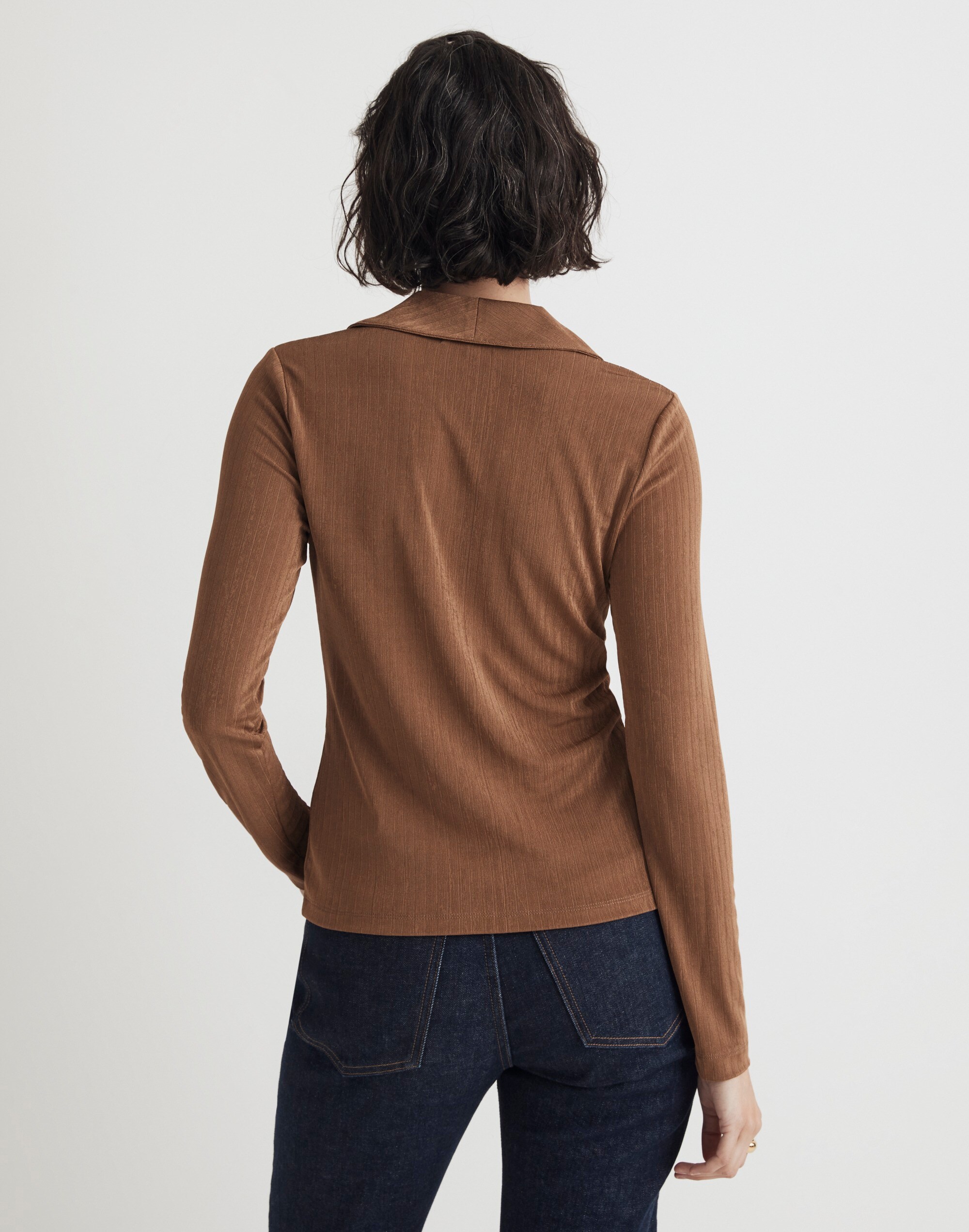 Metallic Rib Ruched Long-Sleeve Top