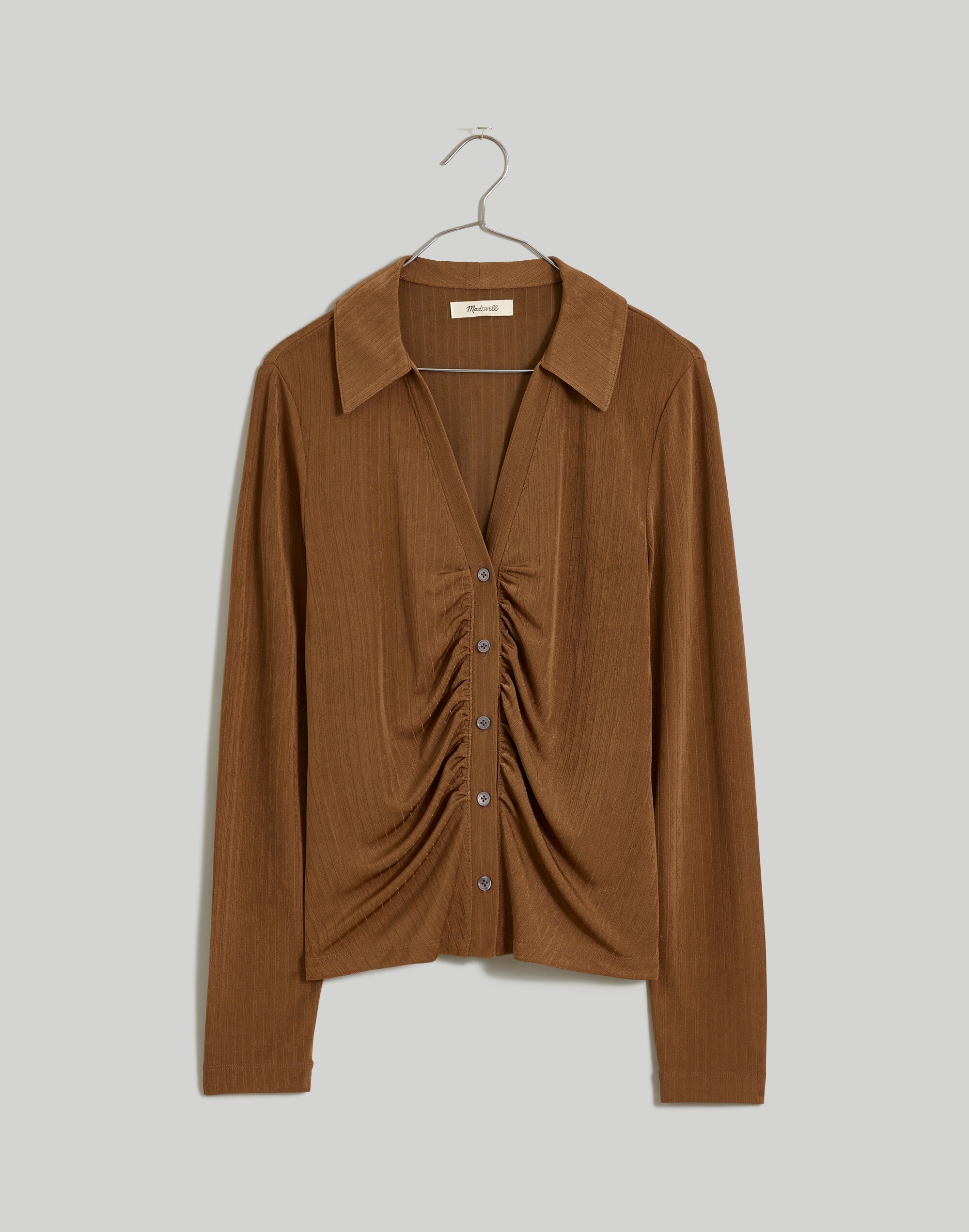 Metallic Rib Ruched Long-Sleeve Top