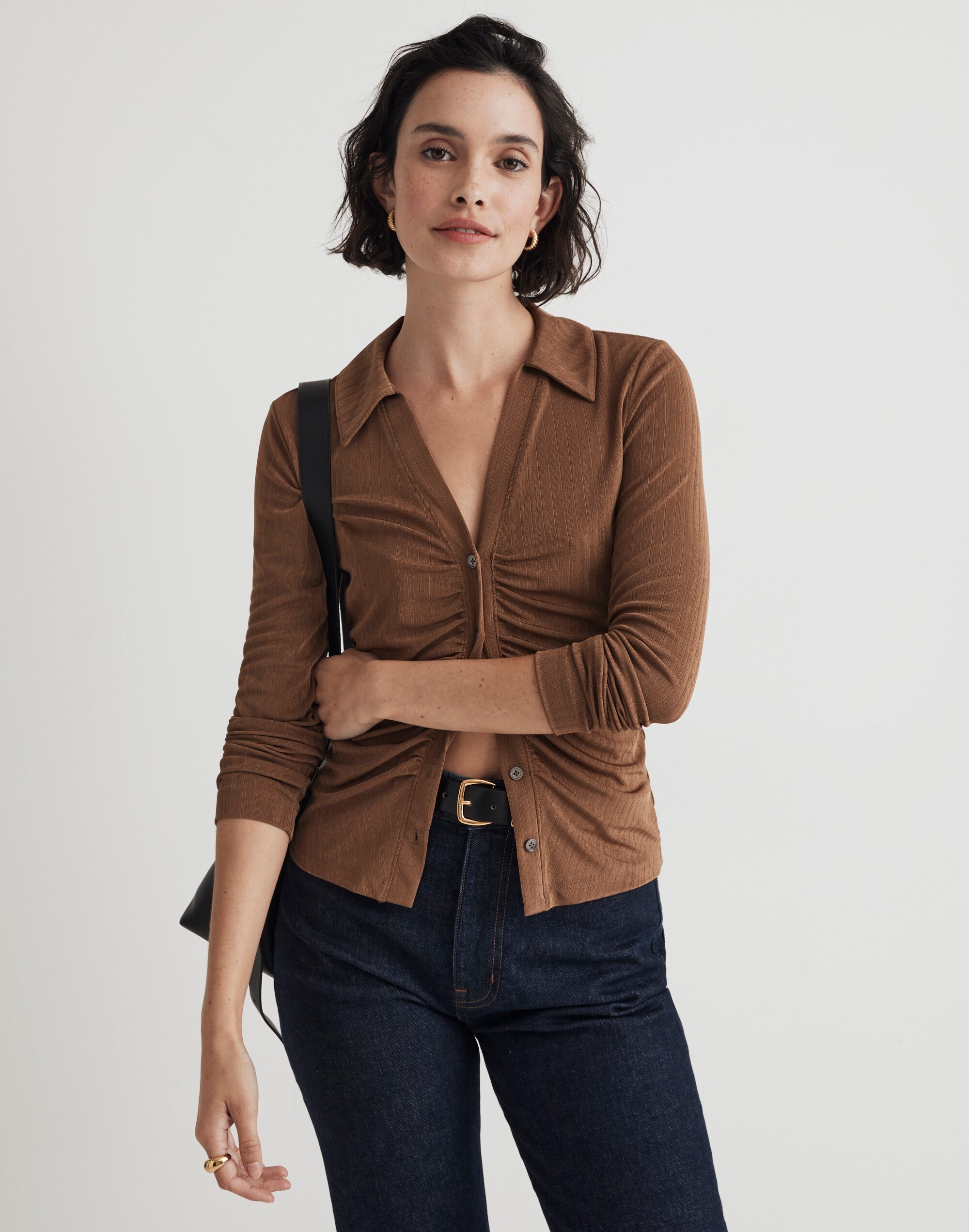 Metallic Rib Ruched Long-Sleeve Top