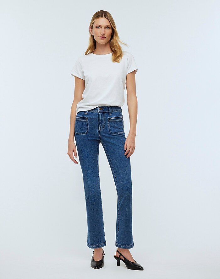 Mid Rise Medium Wash Patch Pocket Flexx '70s Flare Jeans