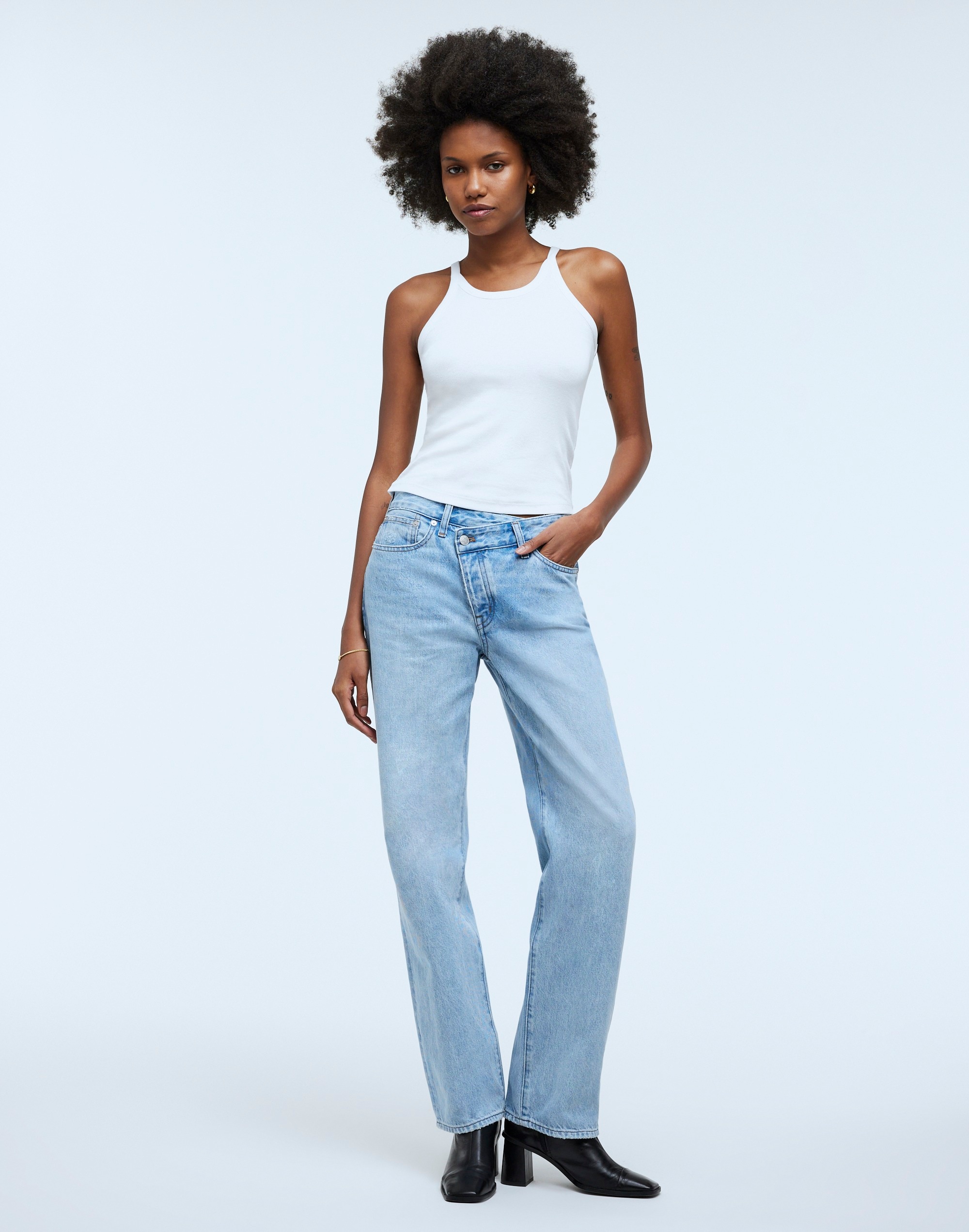 low-slung straight jeans in sevilla wash: cross-tab edition