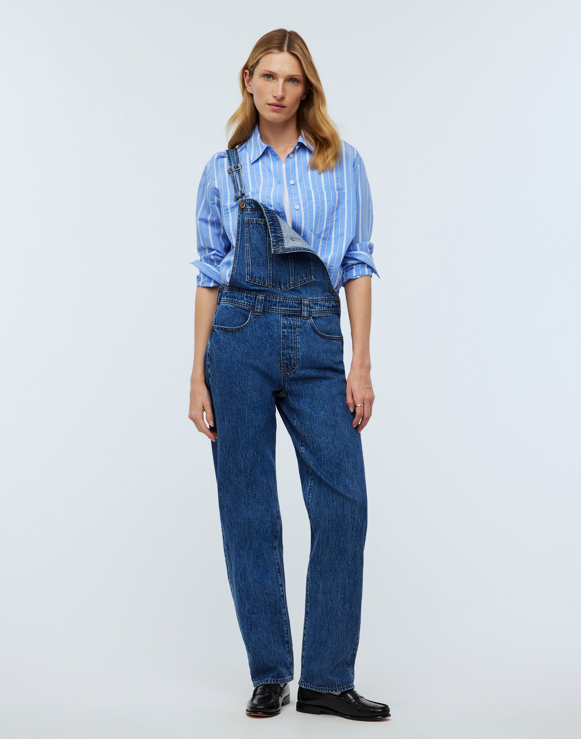 low-slung straight overalls in clifdon wash