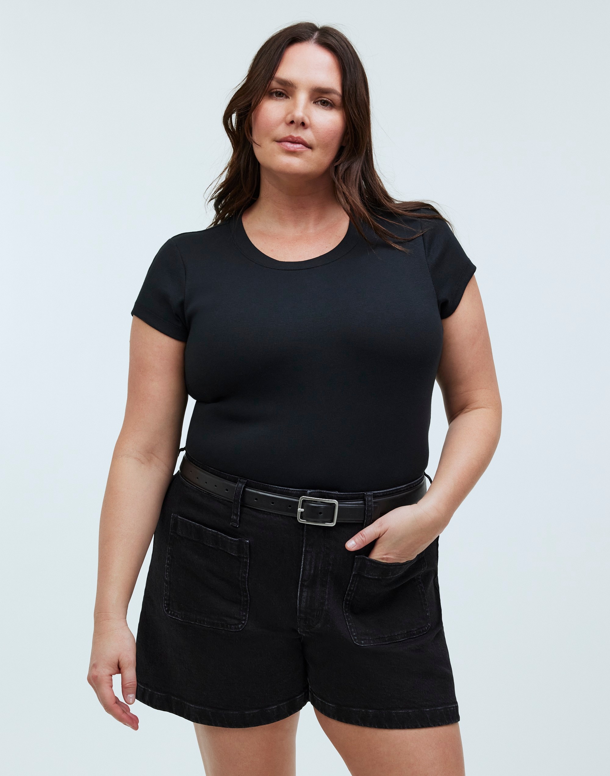 the curvy denim emmett short in sendhurst wash: patch pocket edition