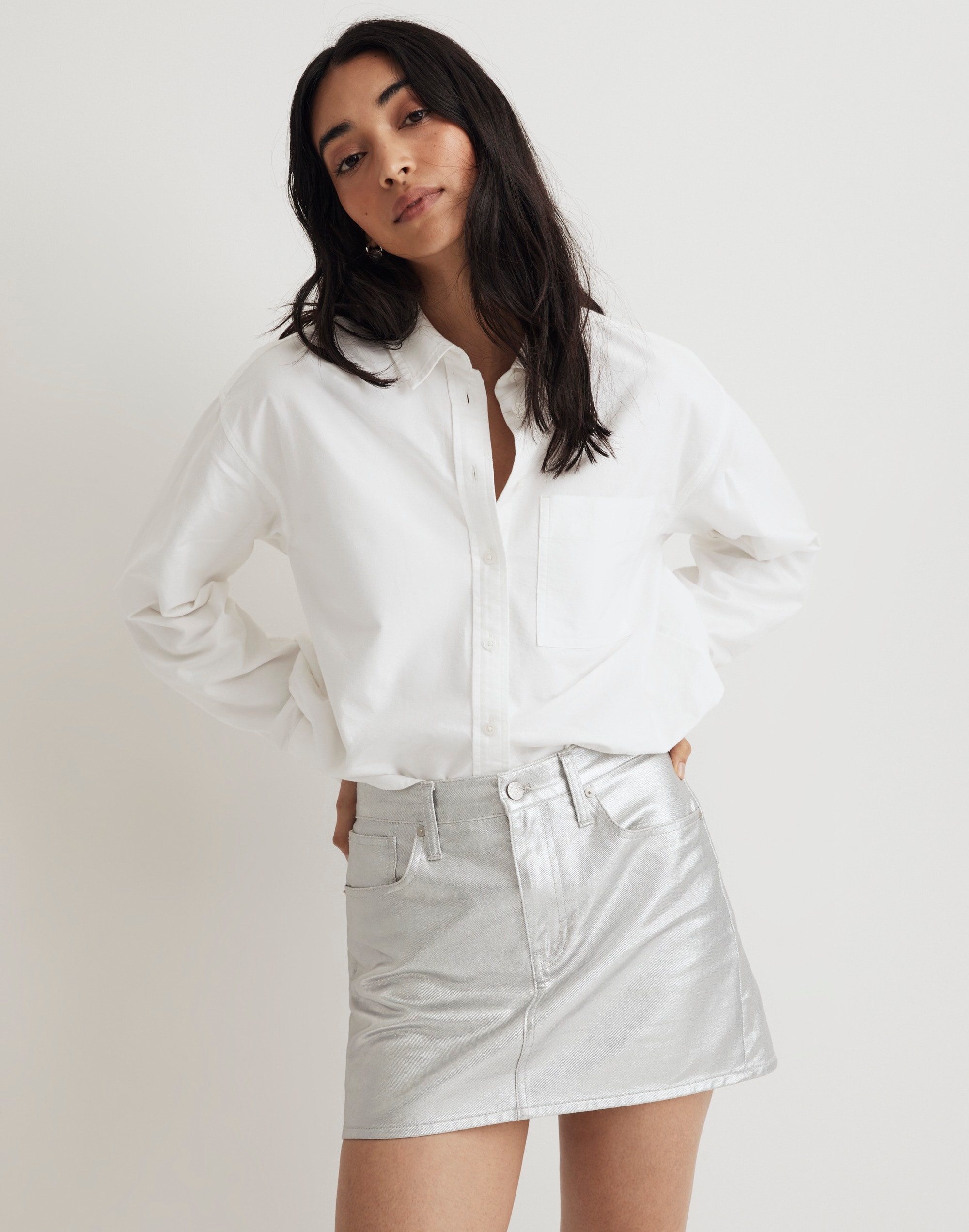 Madewell x Aimee Song Denim Mini Skirt Coated Silver