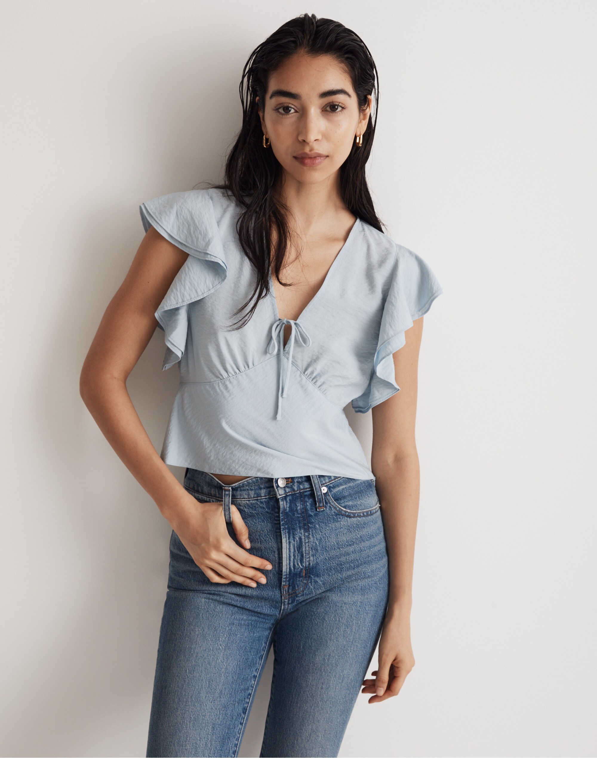 Tie-Front Flutter Sleeve Top