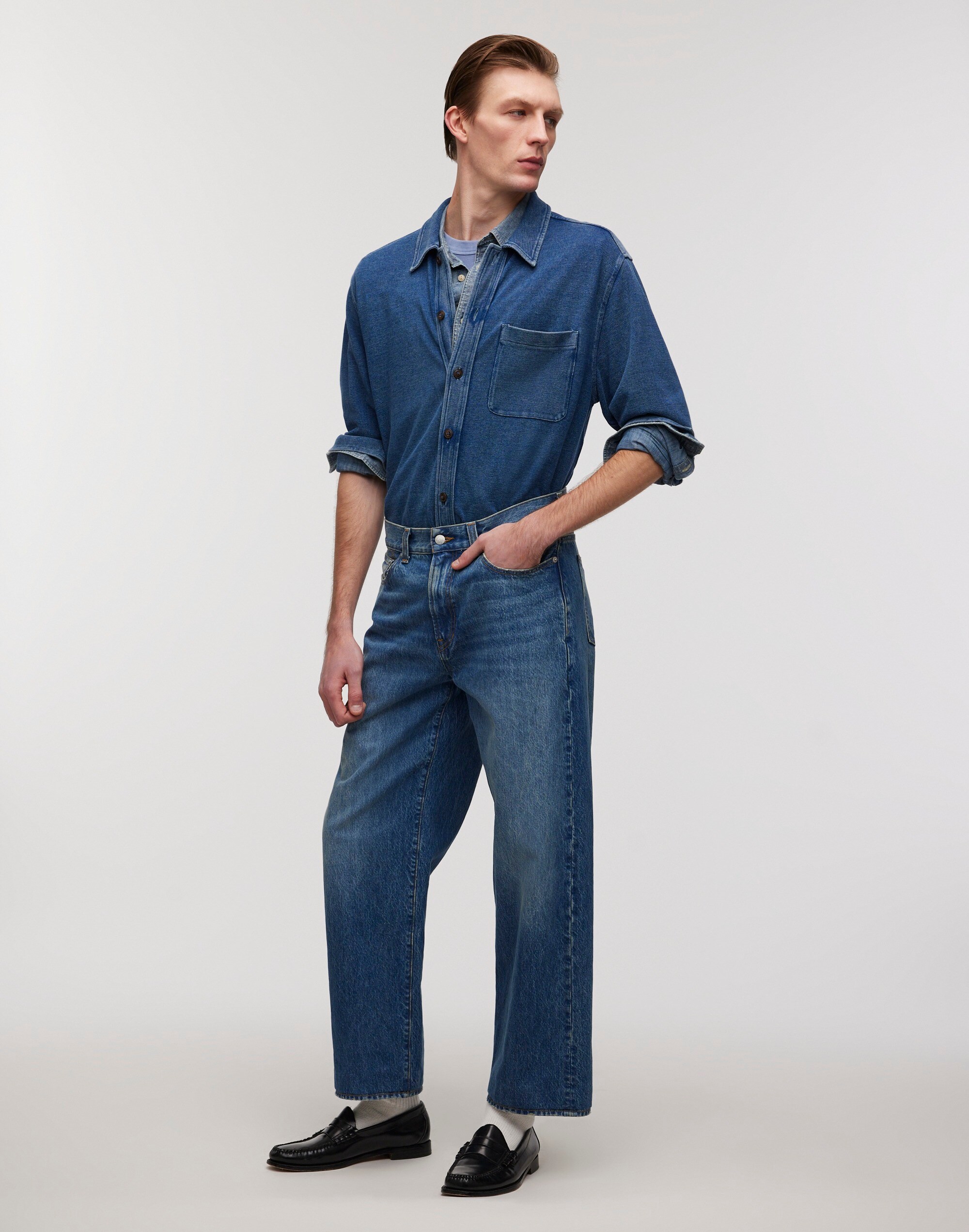 Indigo-Dyed Long-Sleeve Shirt in Cotton Pique