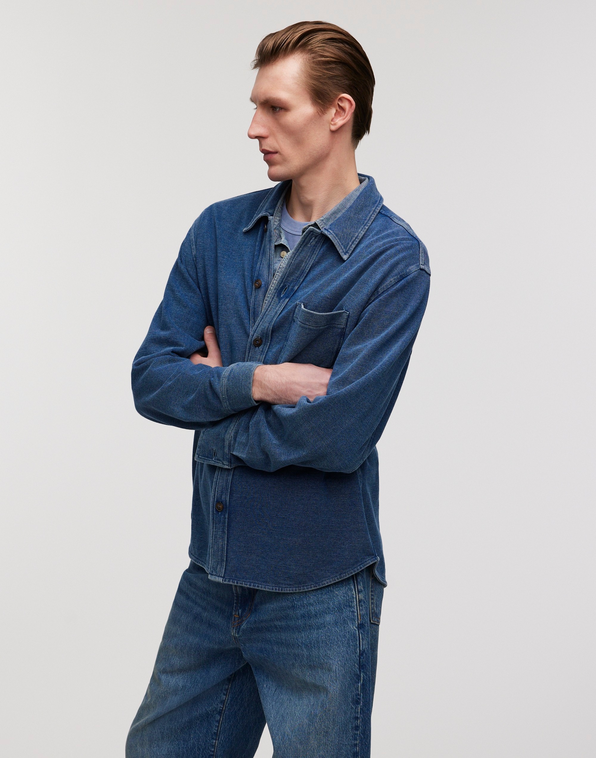 Indigo-Dyed Long-Sleeve Shirt in Cotton Pique