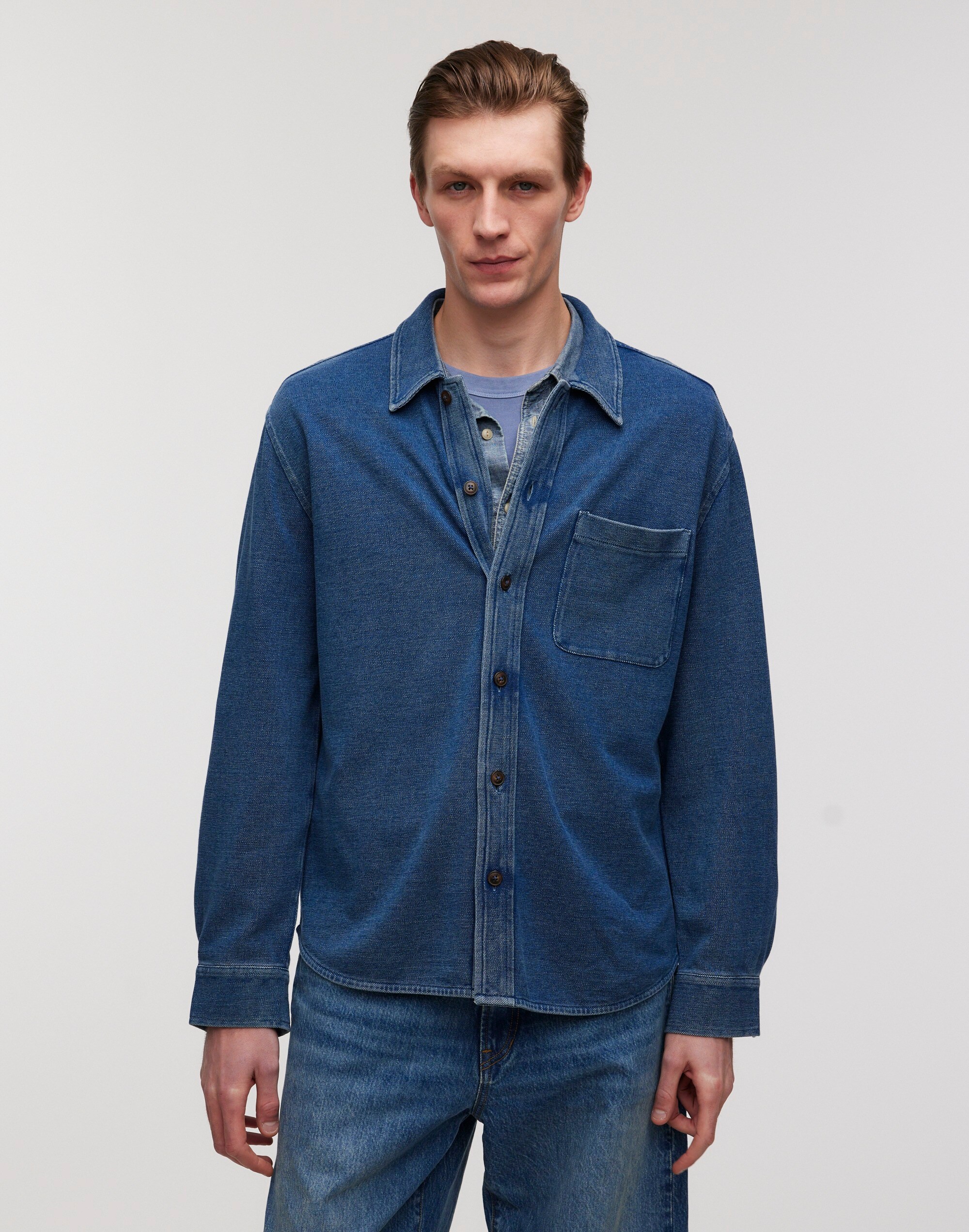 Indigo-Dyed Long-Sleeve Shirt in Cotton Pique