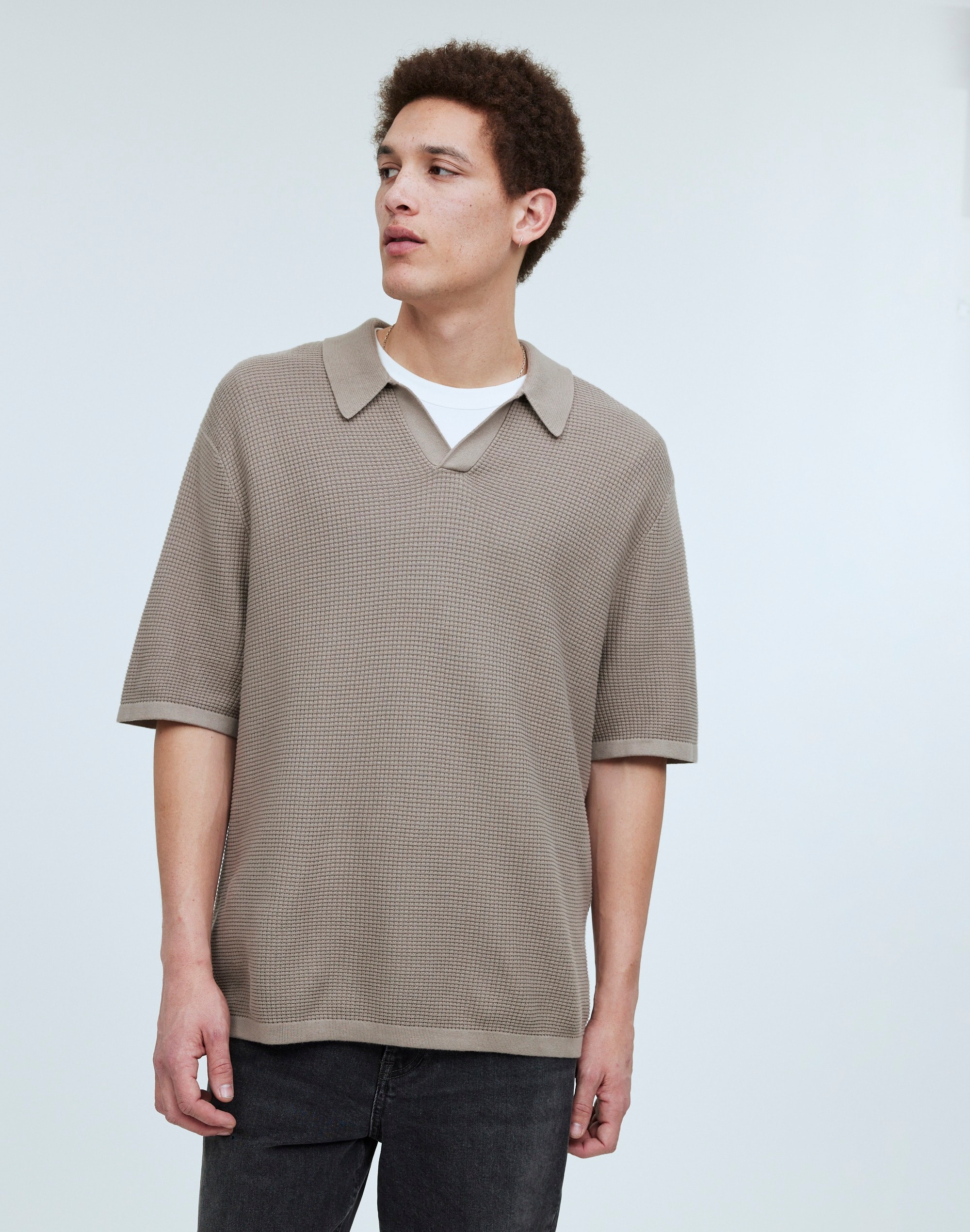 Johnny-Collar Sweater Polo Shirt Waffle Knit