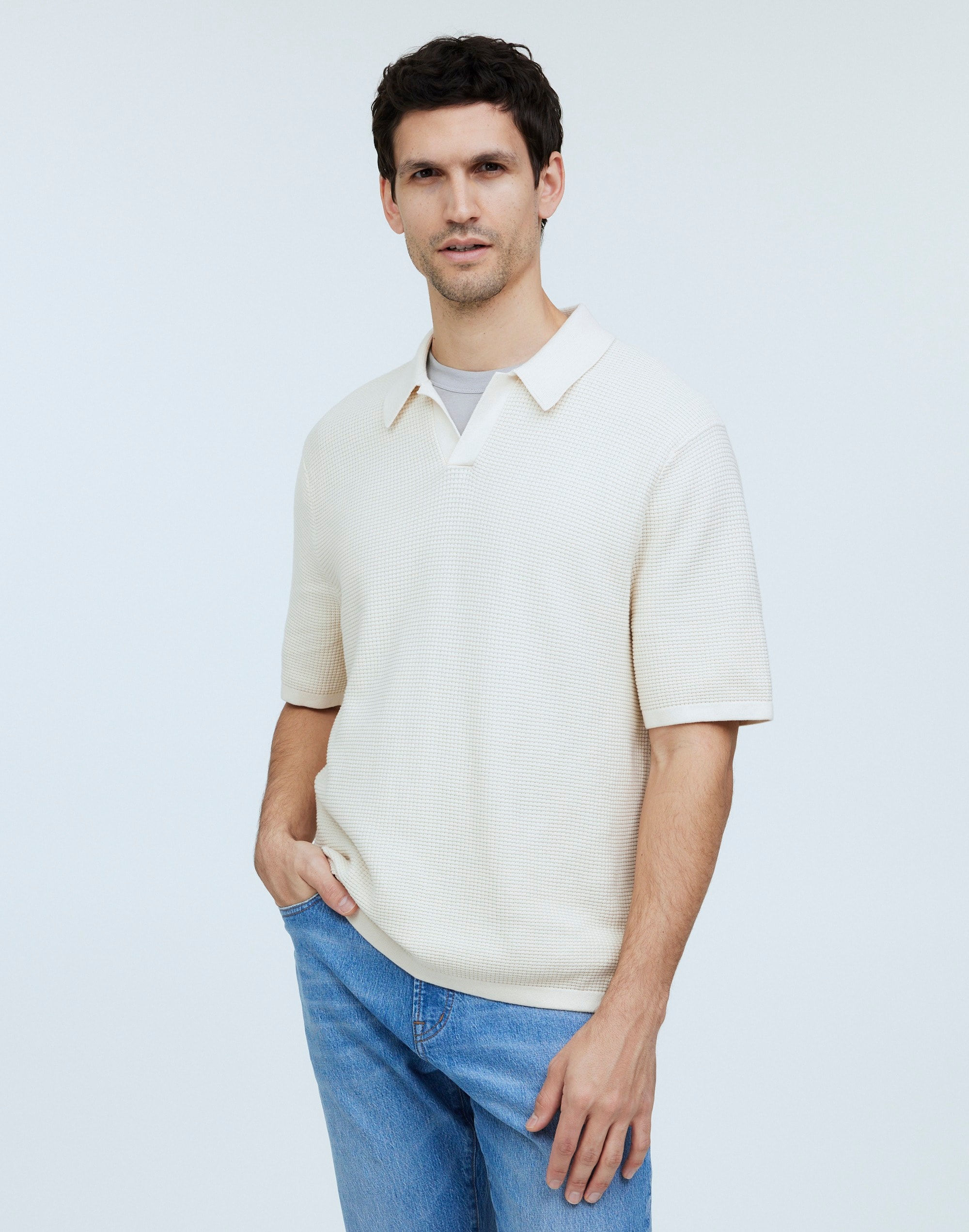 Mw Johnny-collar Sweater Polo Shirt In Vintage Linen