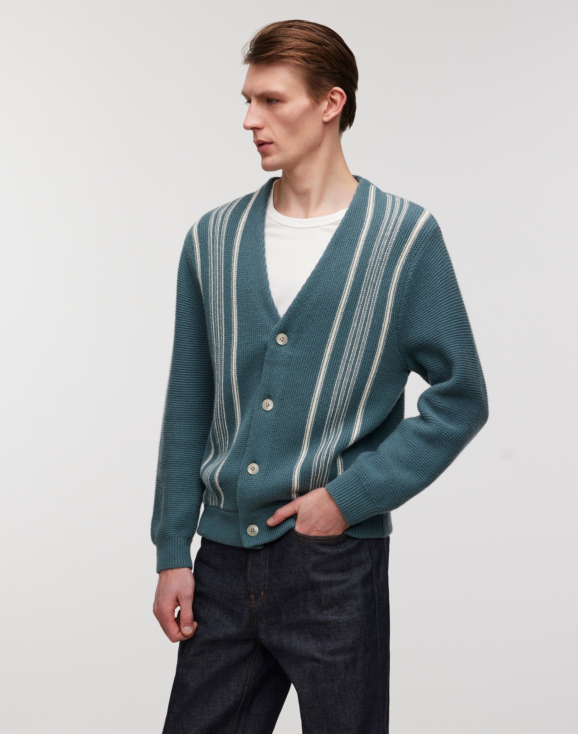 Cotton-Merino Wool Blend Cardigan Stripe