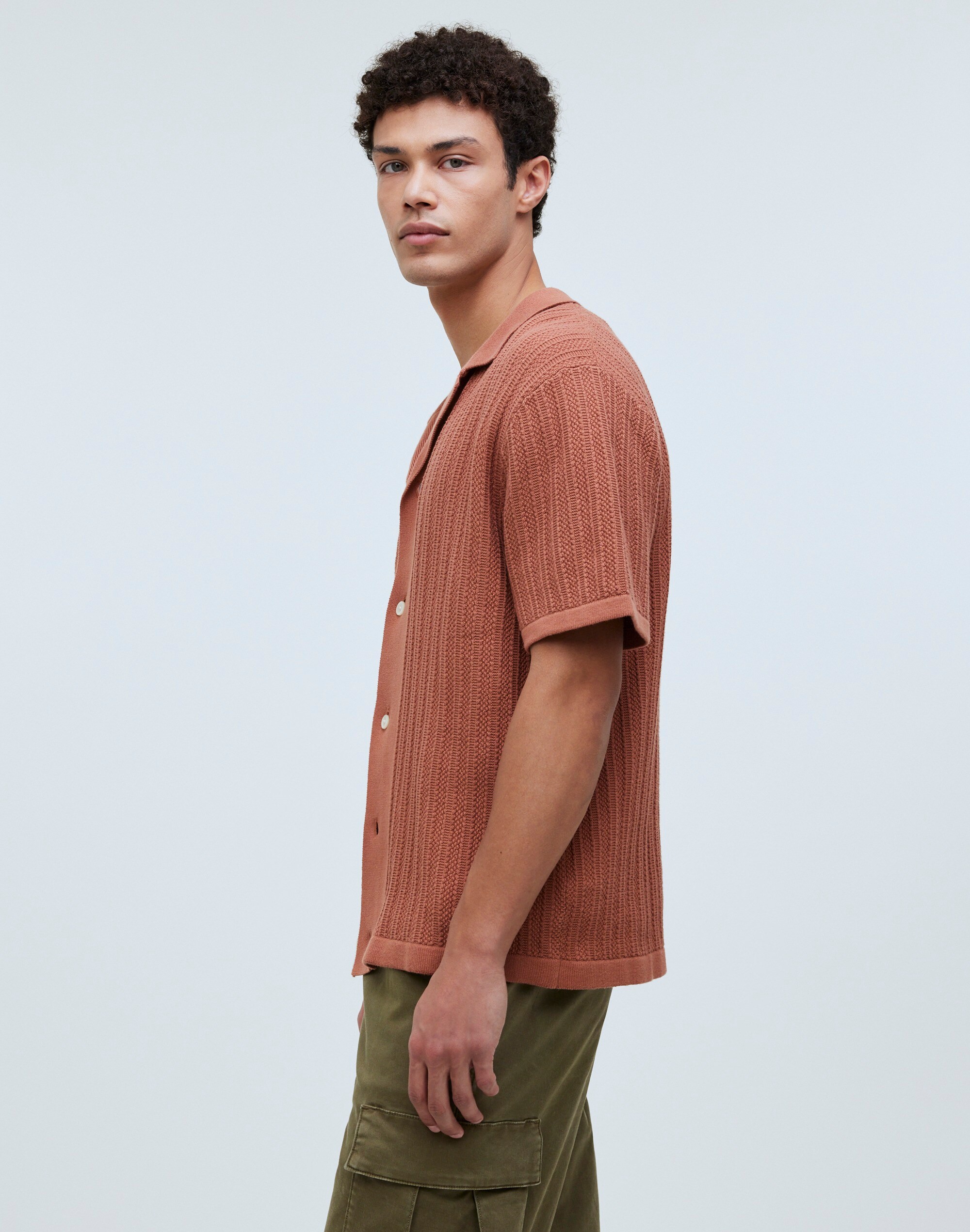 Textured-Stitch Sweater Polo Shirt in warm umber image 3
