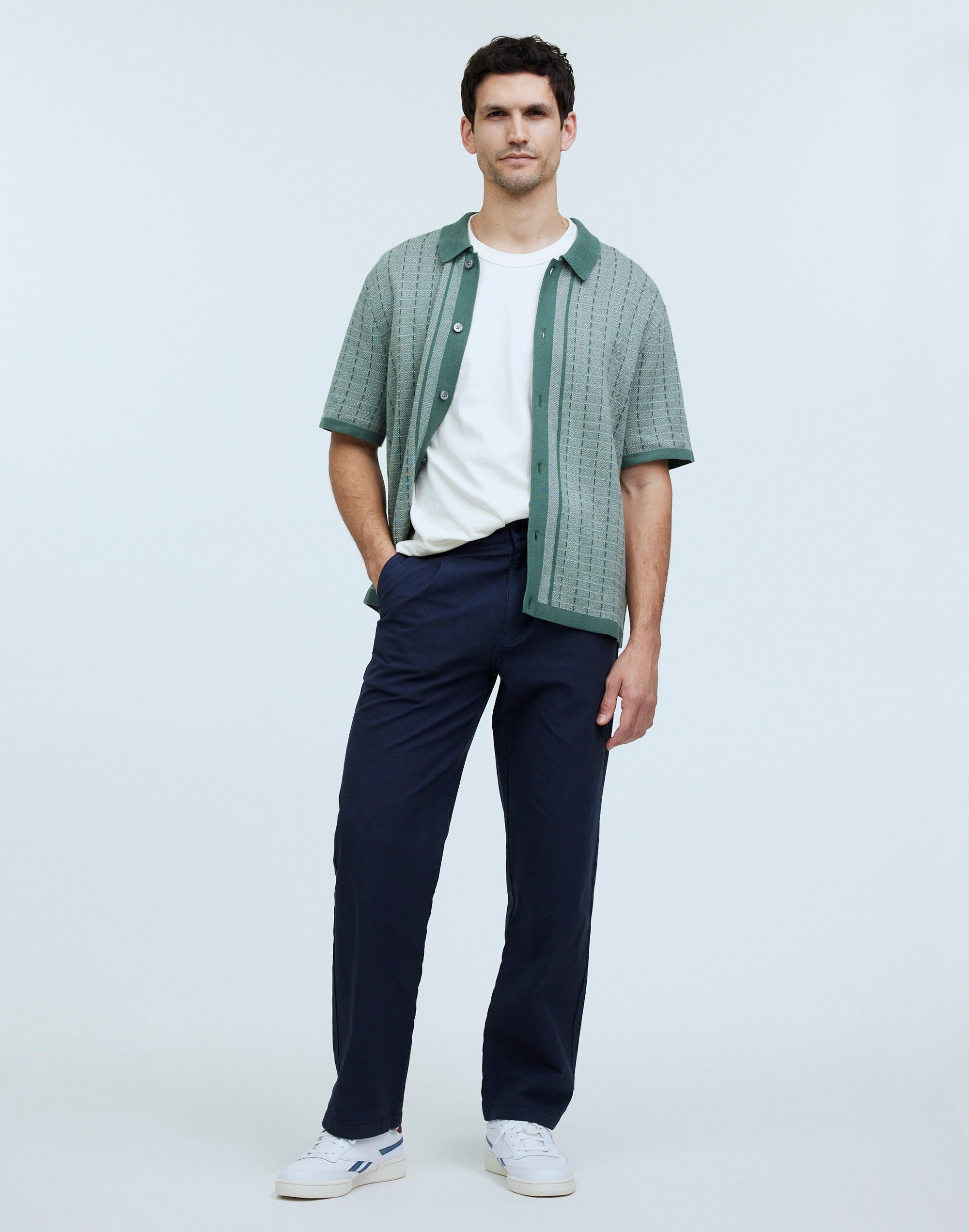 Button-Up Sweater Polo Shirt in Plaid Stripe