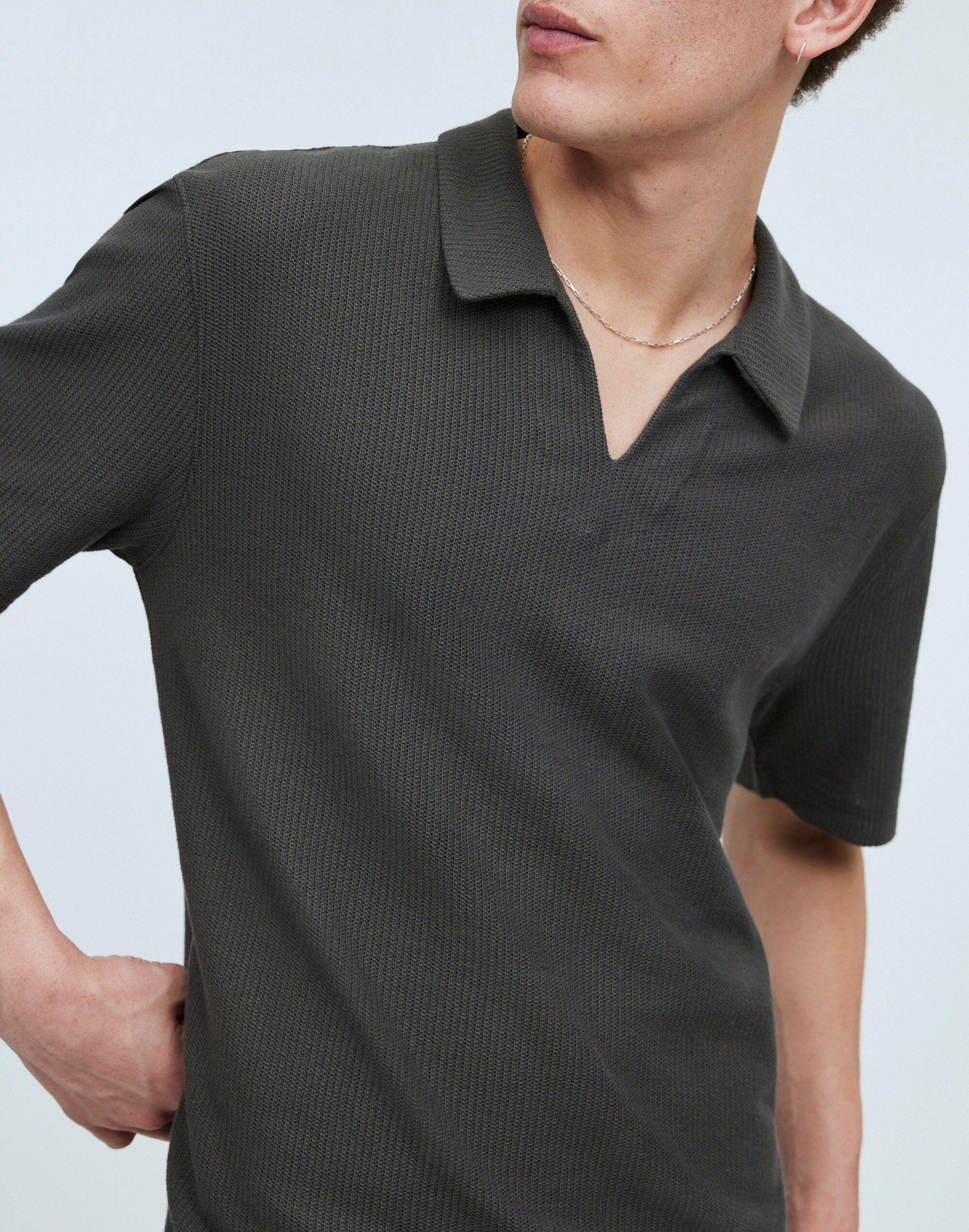 Johnny-Collar Knit Polo Shirt