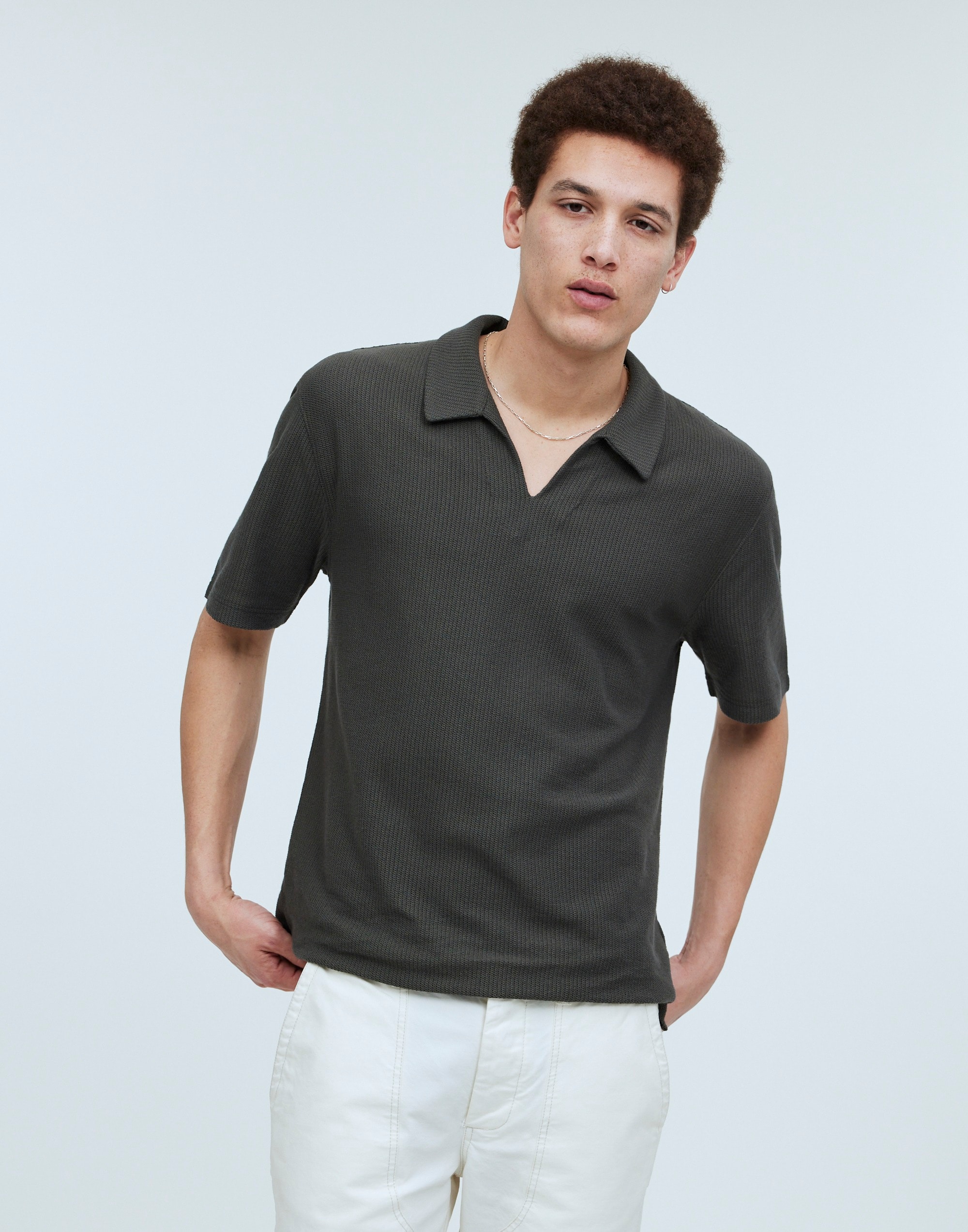 Mw Johnny-collar Knit Polo Shirt In Soot