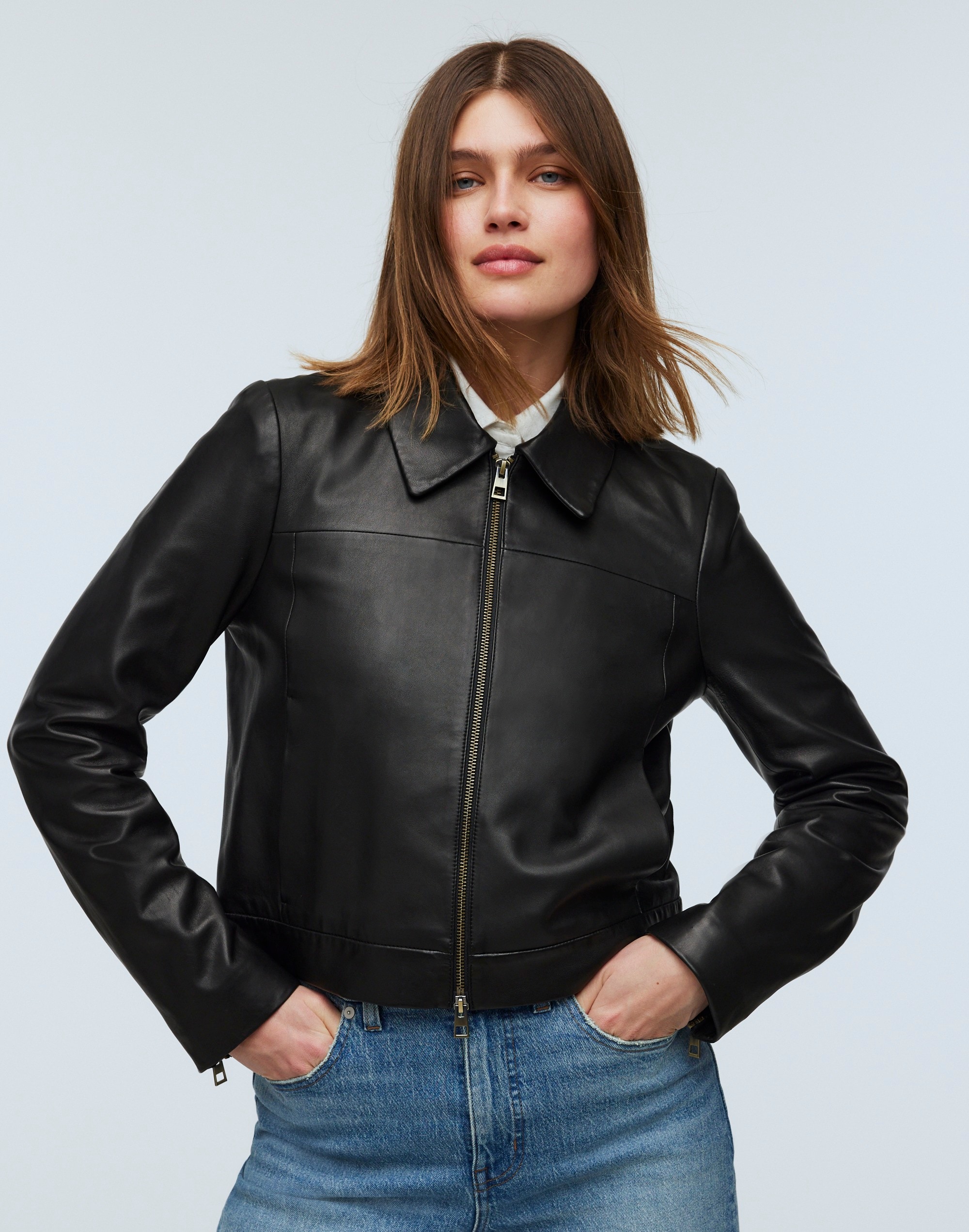 Shrunken Zip-Front Jacket in Leather