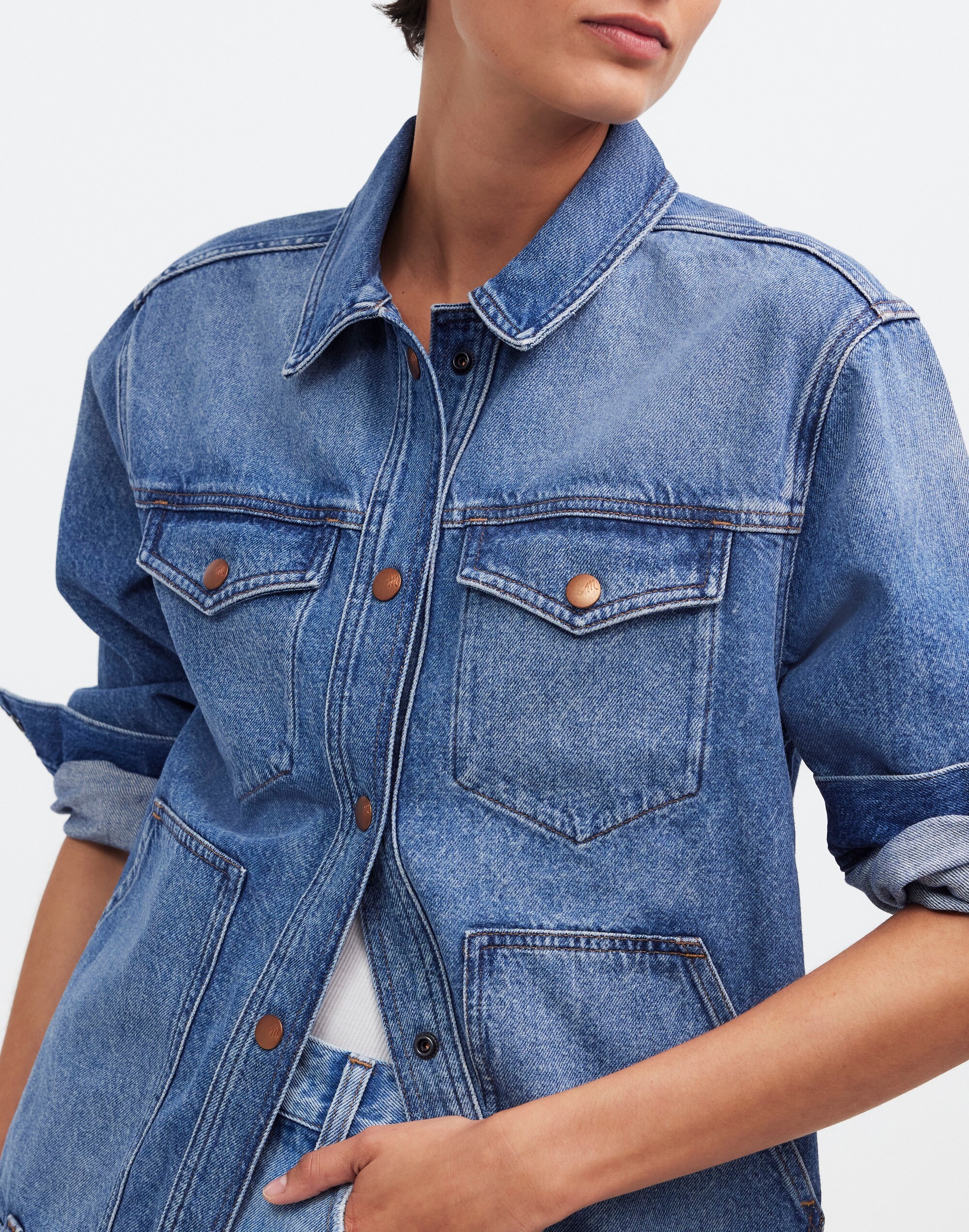 The Oversized Trucker Jean Jacket in Sentell Wash: Snap-Front Edition