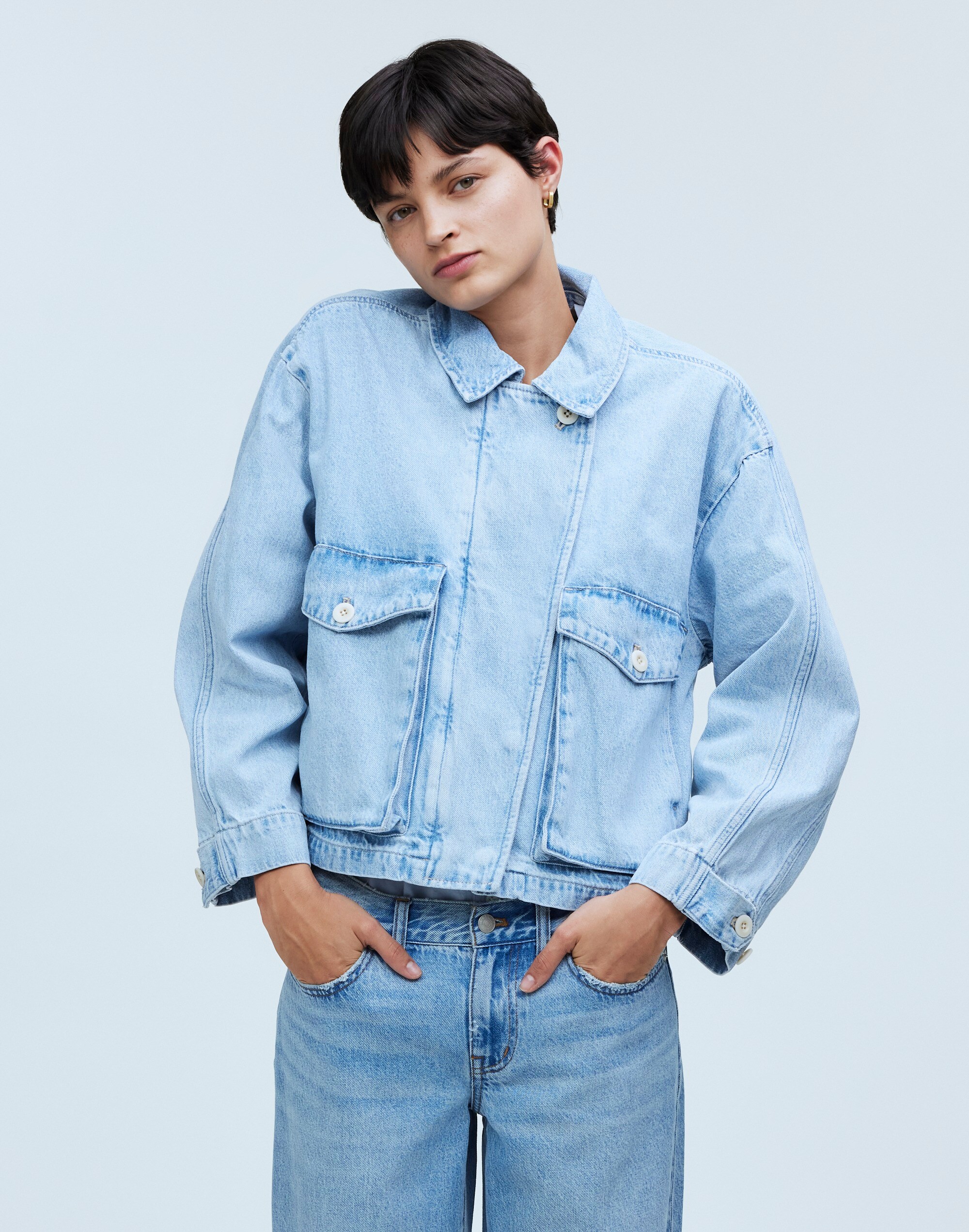 Denim Cropped Cargo Jacket in Kirkham Wash
