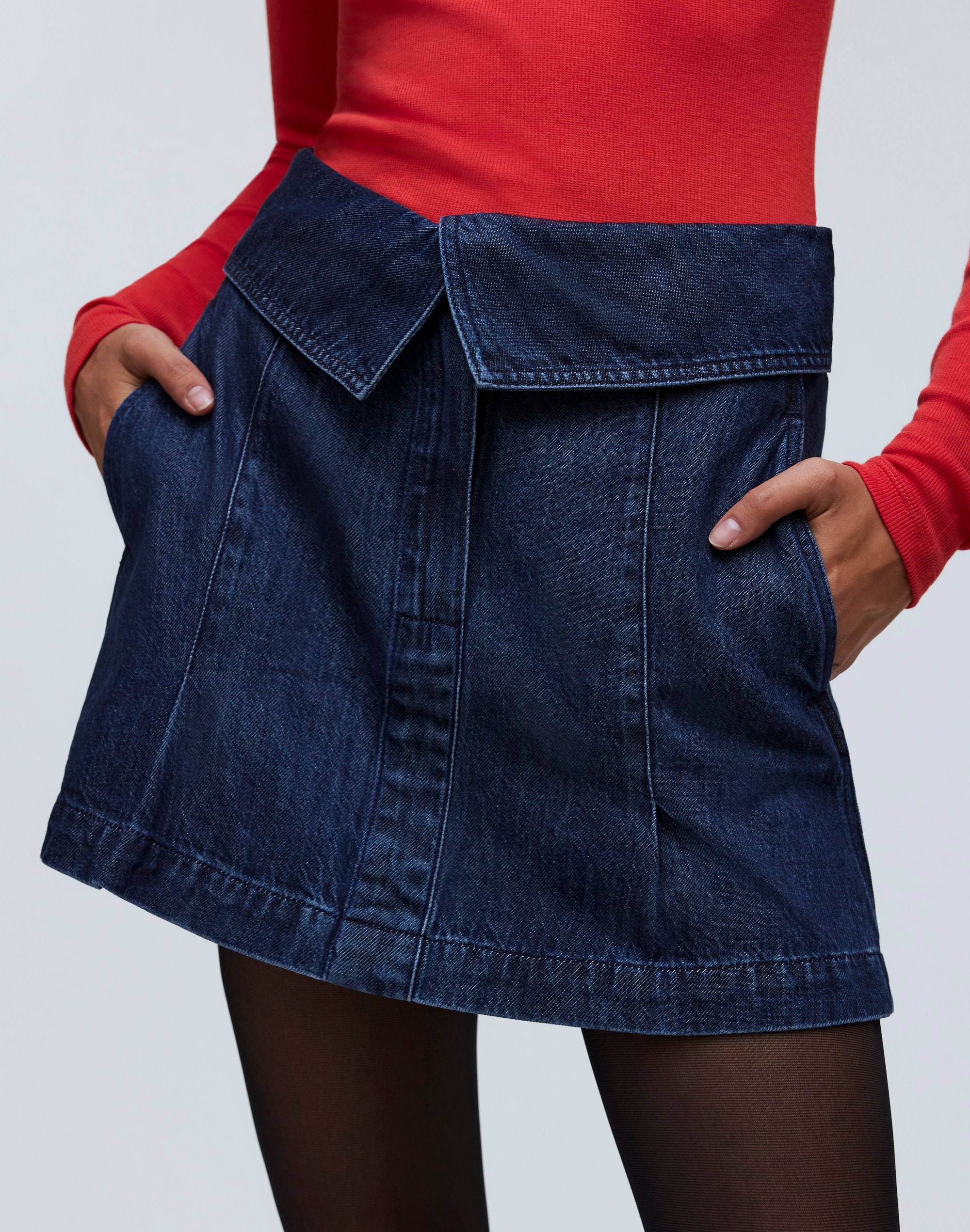 Denim Foldover-Waist Mini Skirt Carmelo Wash