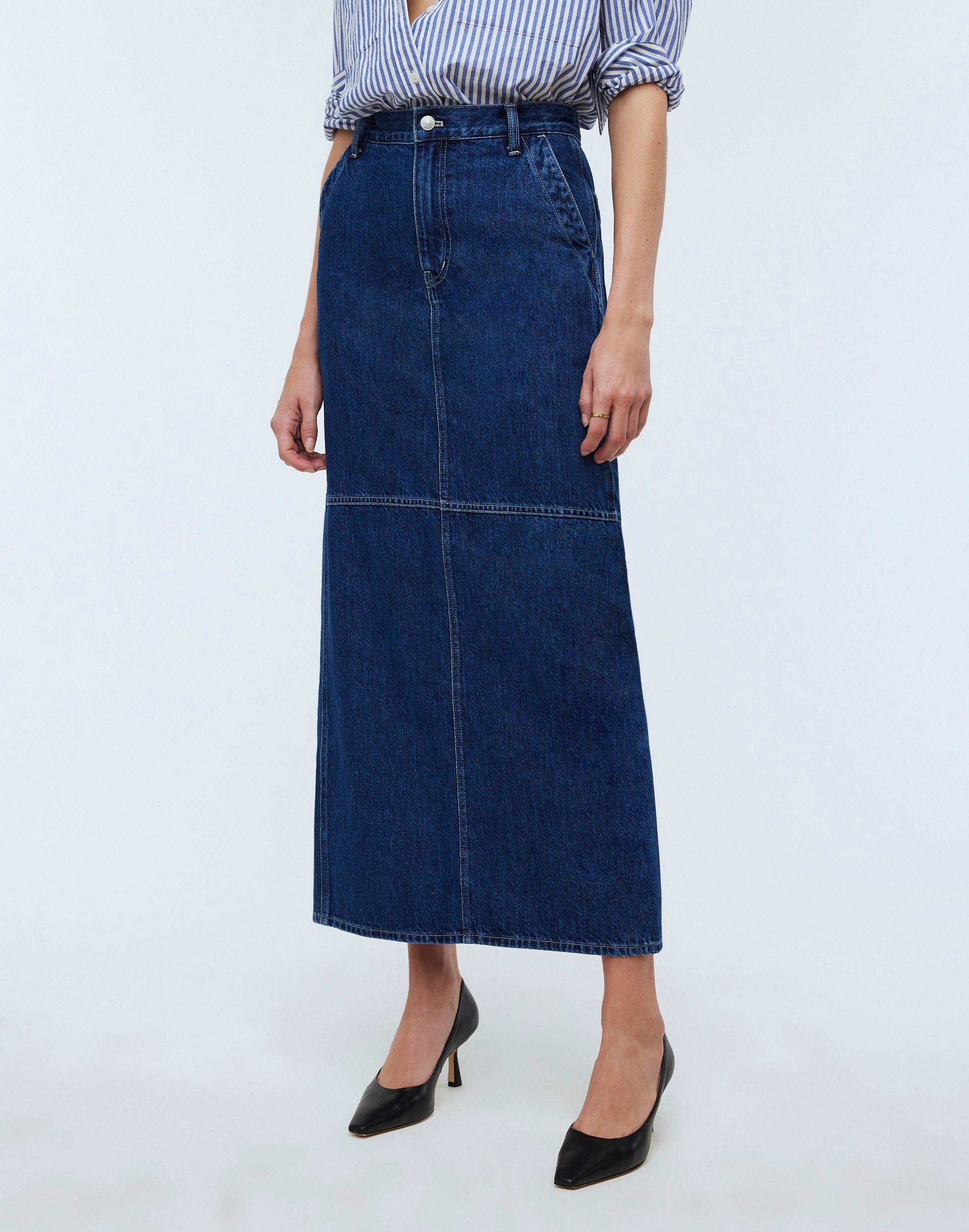 Shop Mw Denim Carpenter Maxi Skirt In Handlon Wash