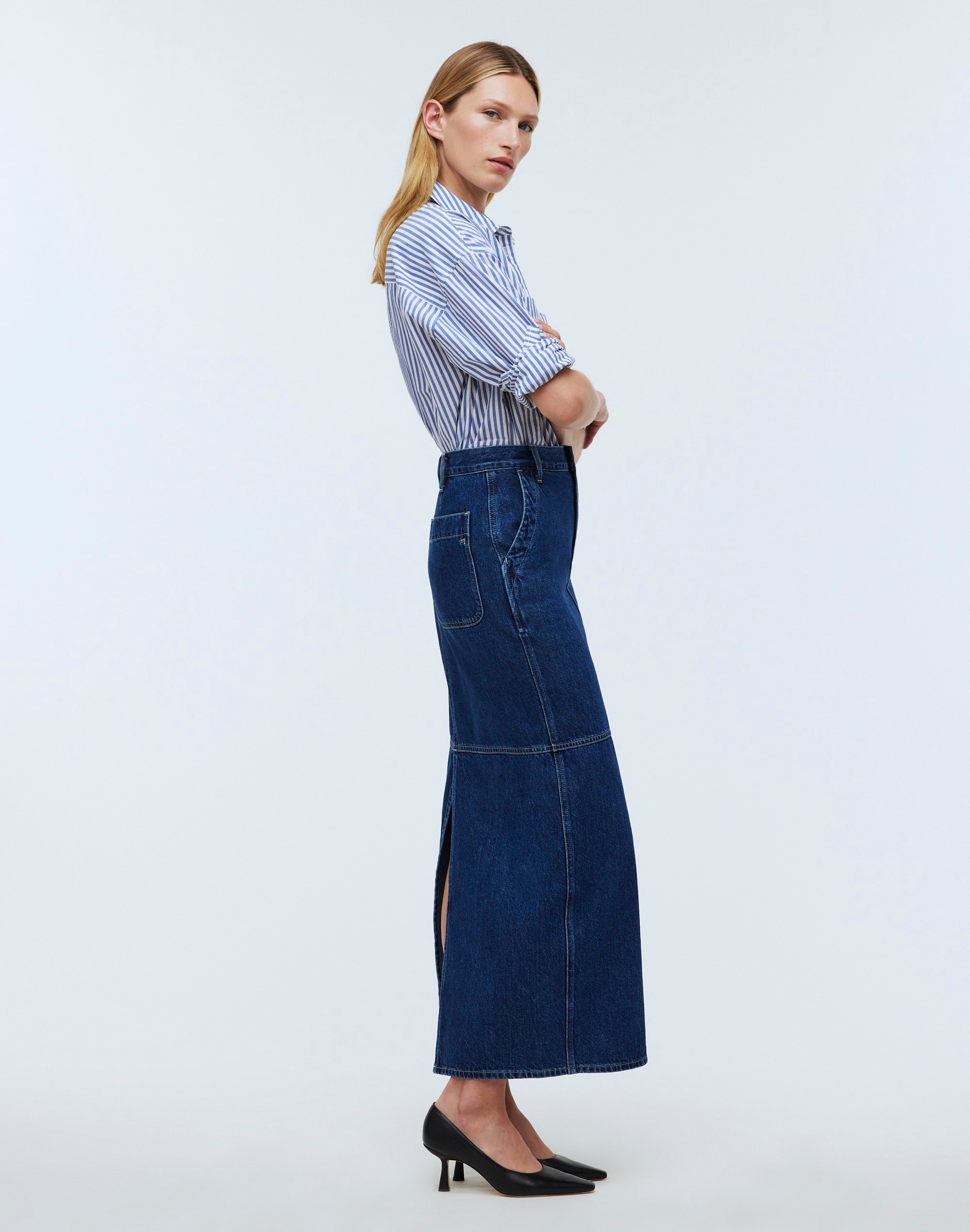 Denim Carpenter Maxi Skirt in Handlon Wash