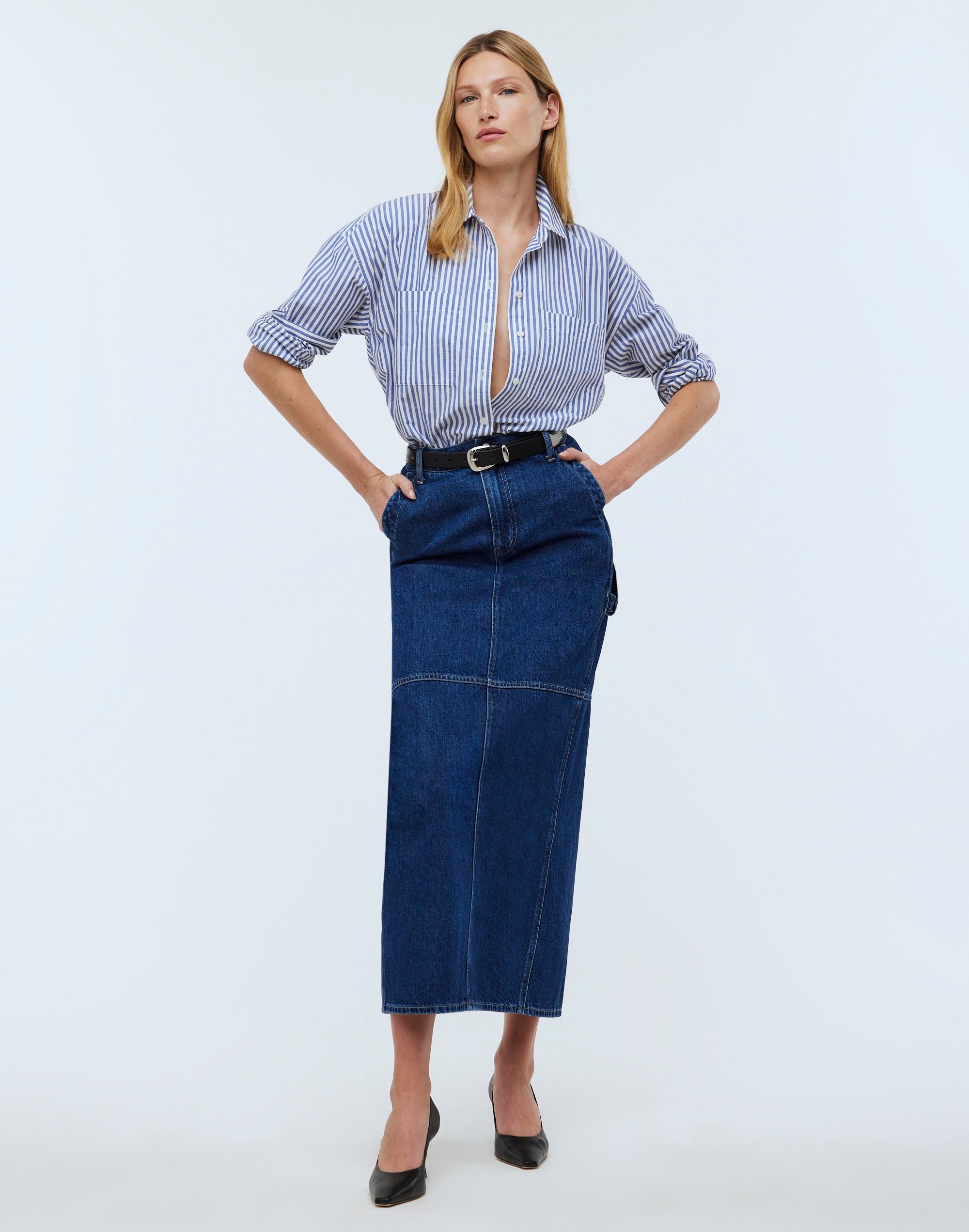 Denim Carpenter Maxi Skirt in Handlon Wash