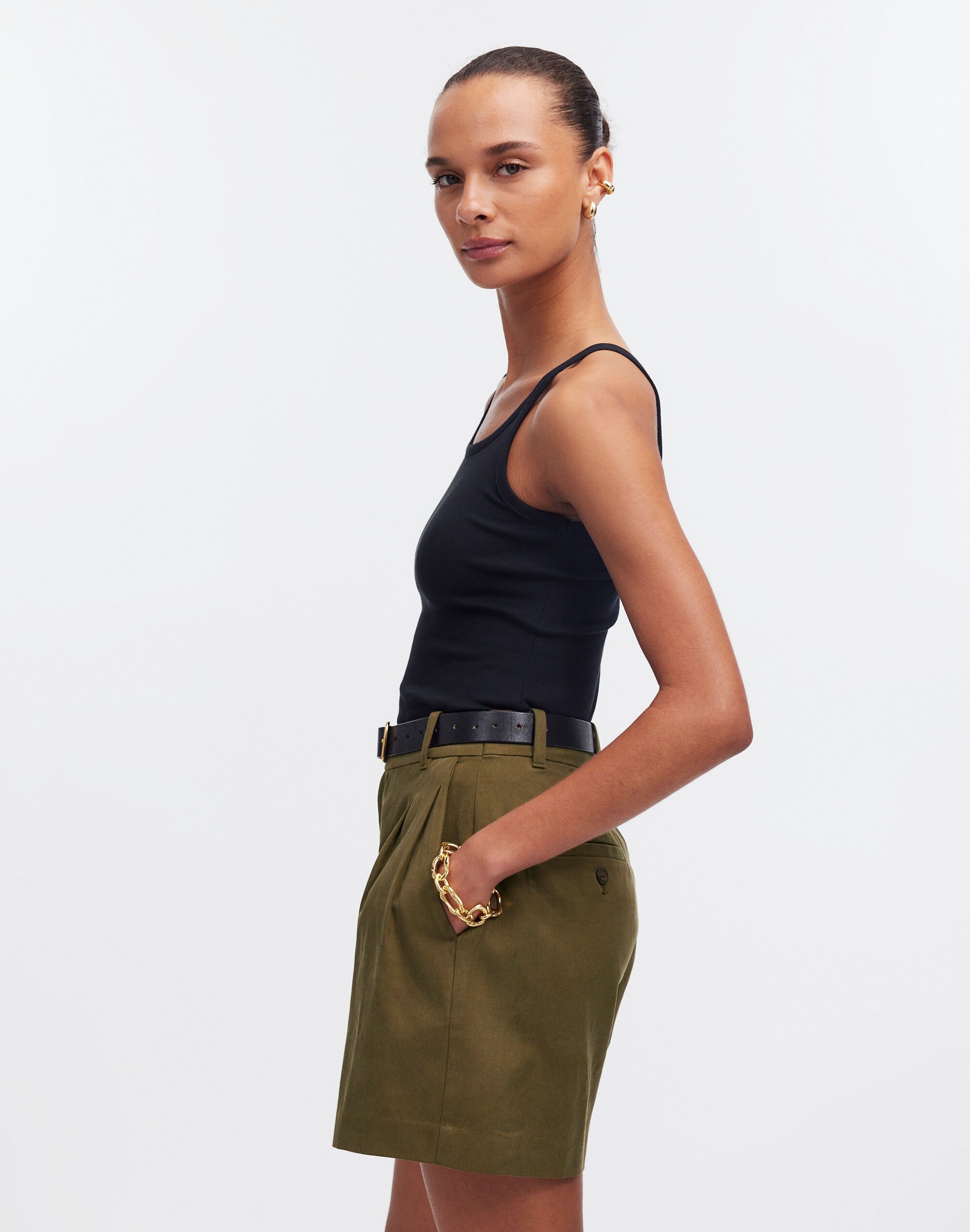 The Harlow Short in Drapey Twill in dark olive image 3