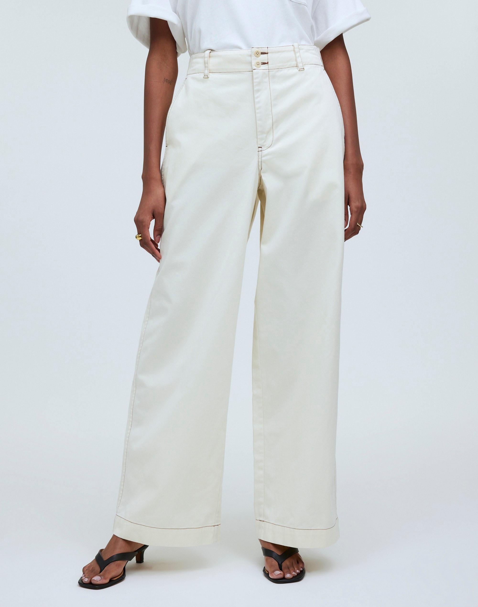 Button-Tab Wide-Legs Pants