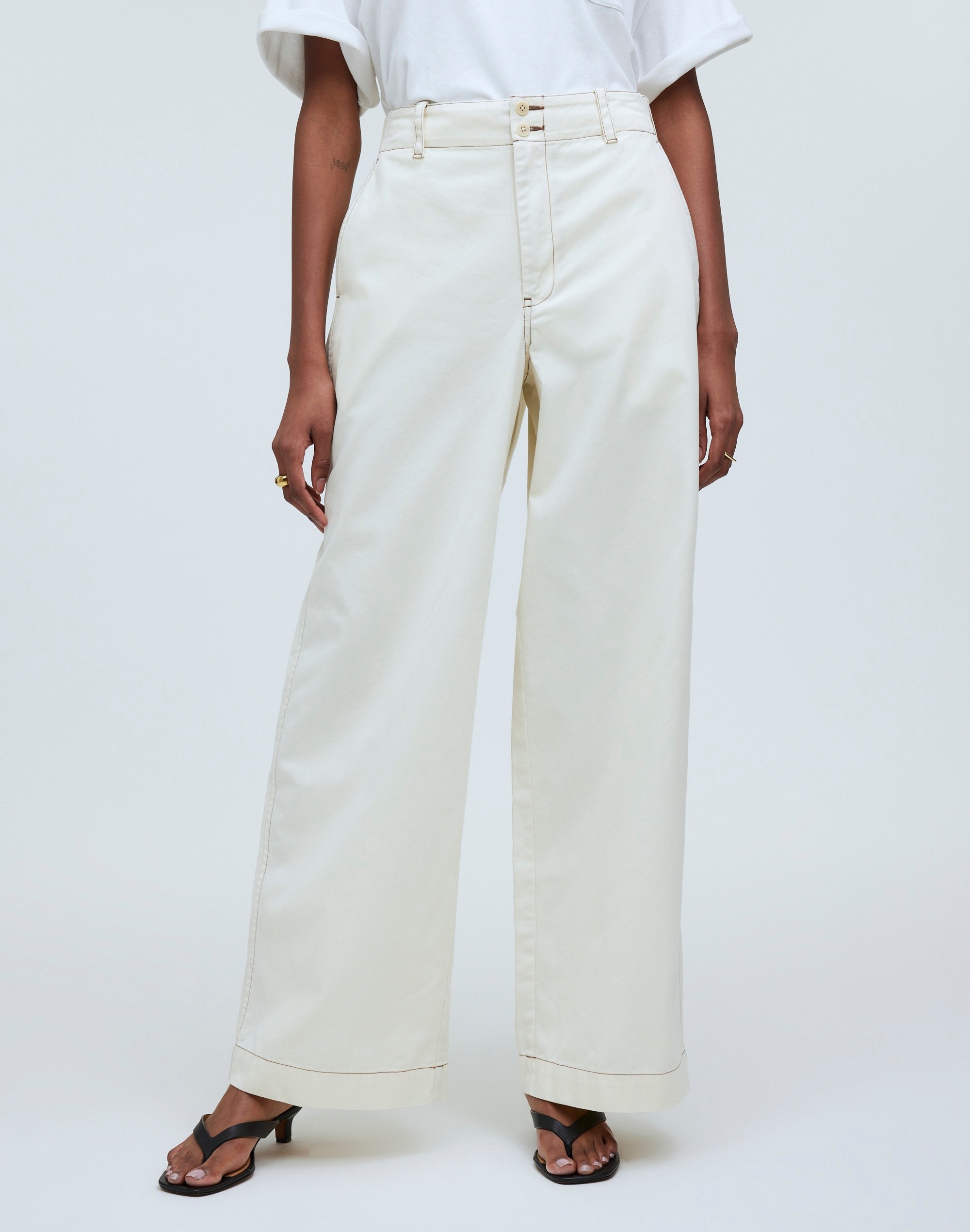 Shop Mw Button-tab Wide-legs Pants In Antique Cream