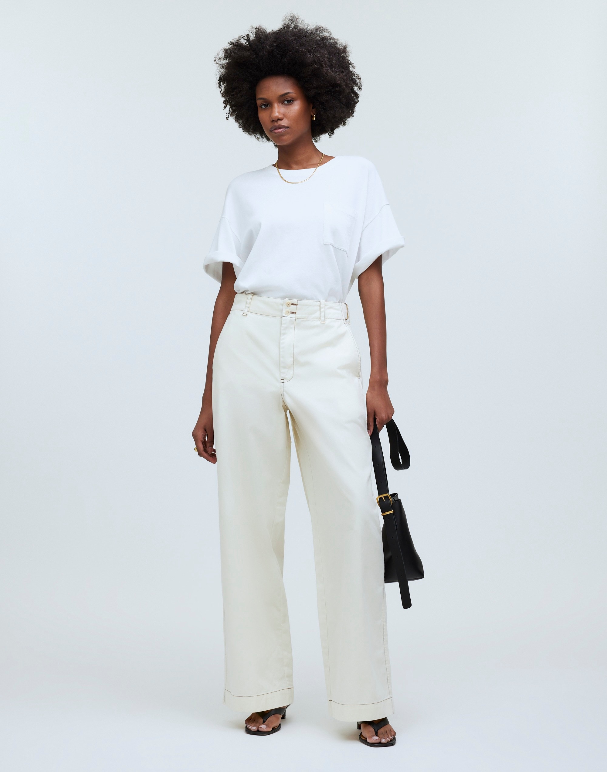 Button-Tab Wide-Legs Pants