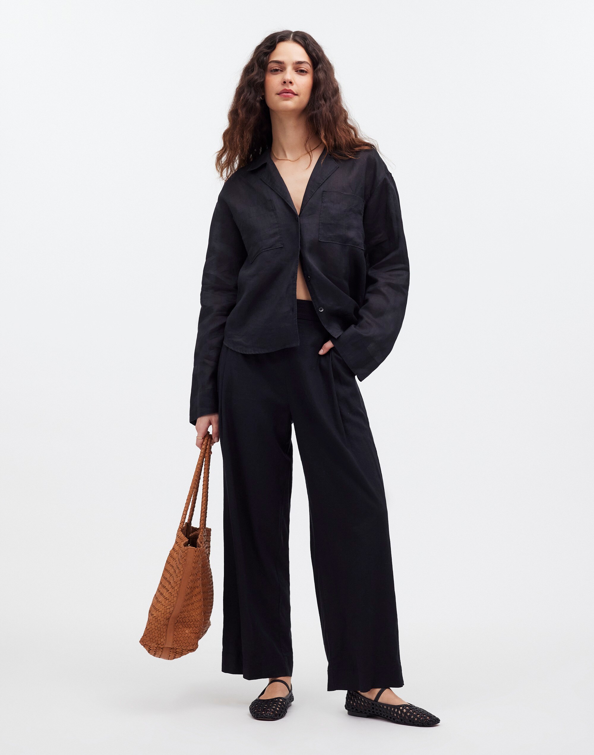 Tall Pull-On Straight Crop Pants in Linen Blend in true black image 1