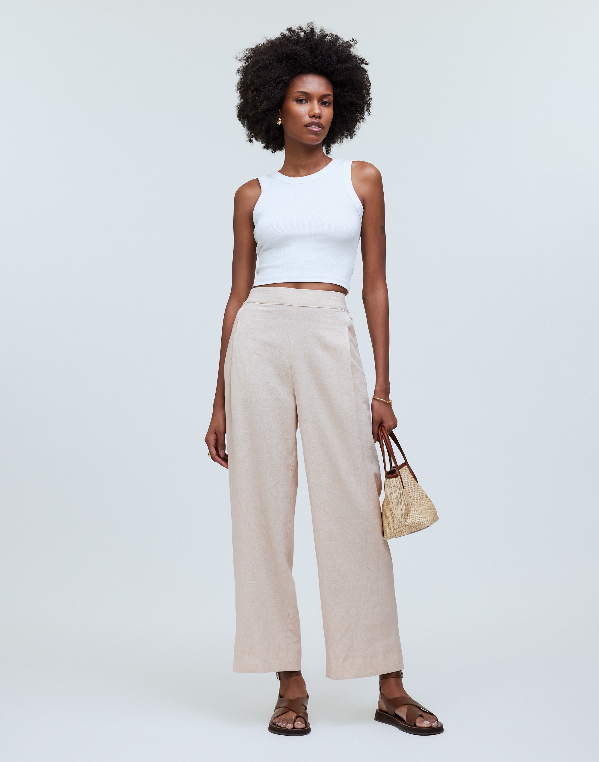 Pull-On Straight Crop Pants in Linen Blend in natural undyed image 1