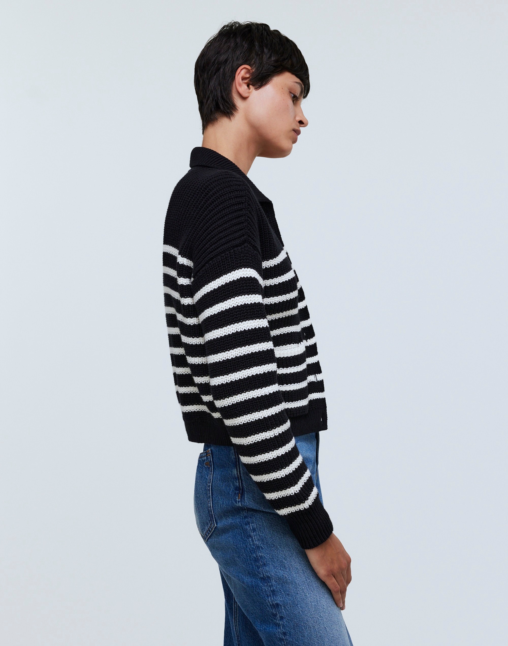 Ribbed Polo Cardigan Sweater Stripe