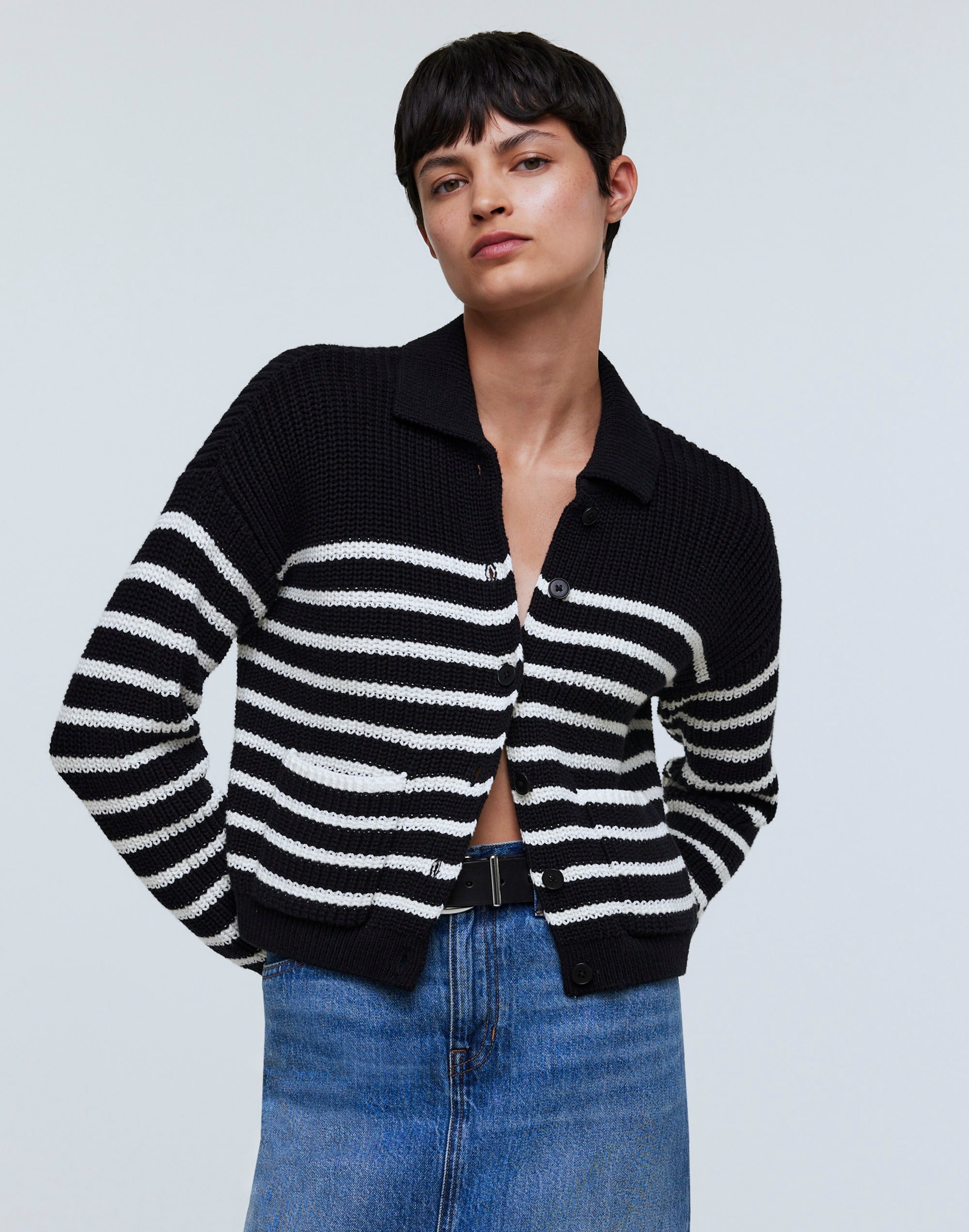 Ribbed Polo Cardigan Sweater Stripe