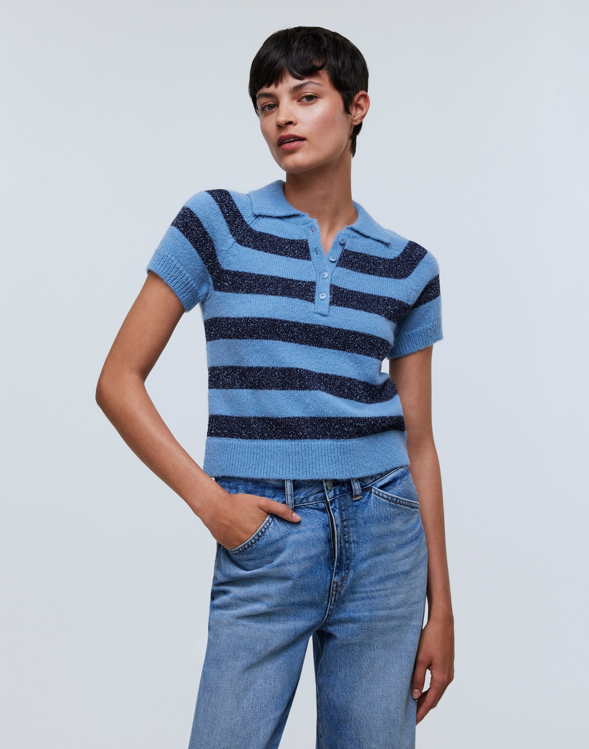 Raglan Polo Sweater Tee in Stripe