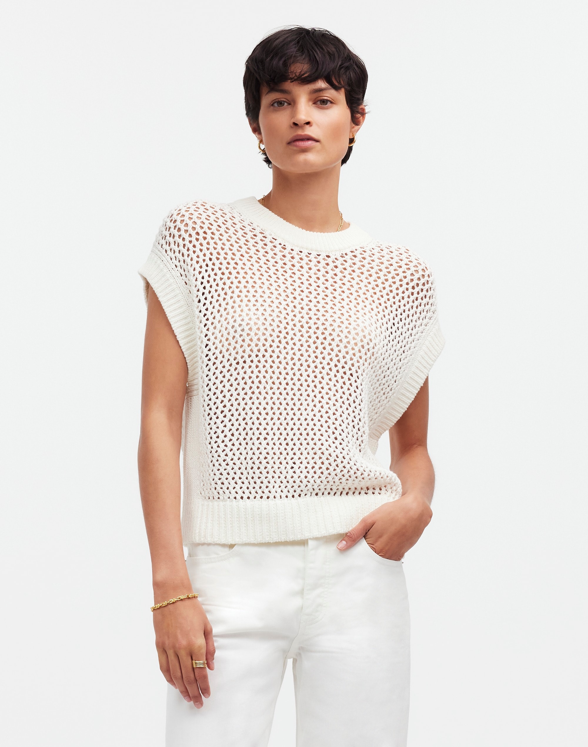 Open-Stitch Sweater Tee in bright ivory image 5