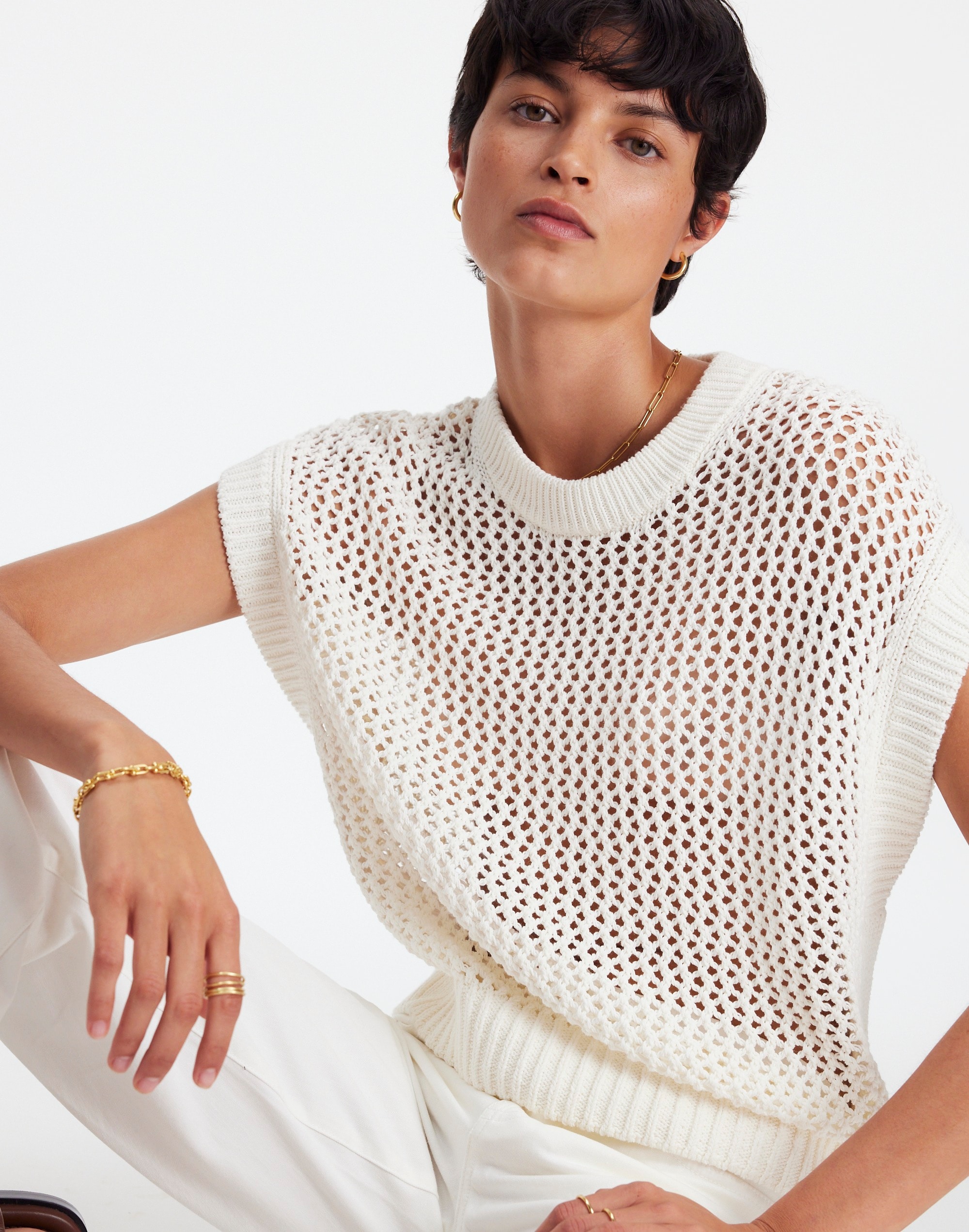 Open-Stitch Sweater Tee in bright ivory image 1