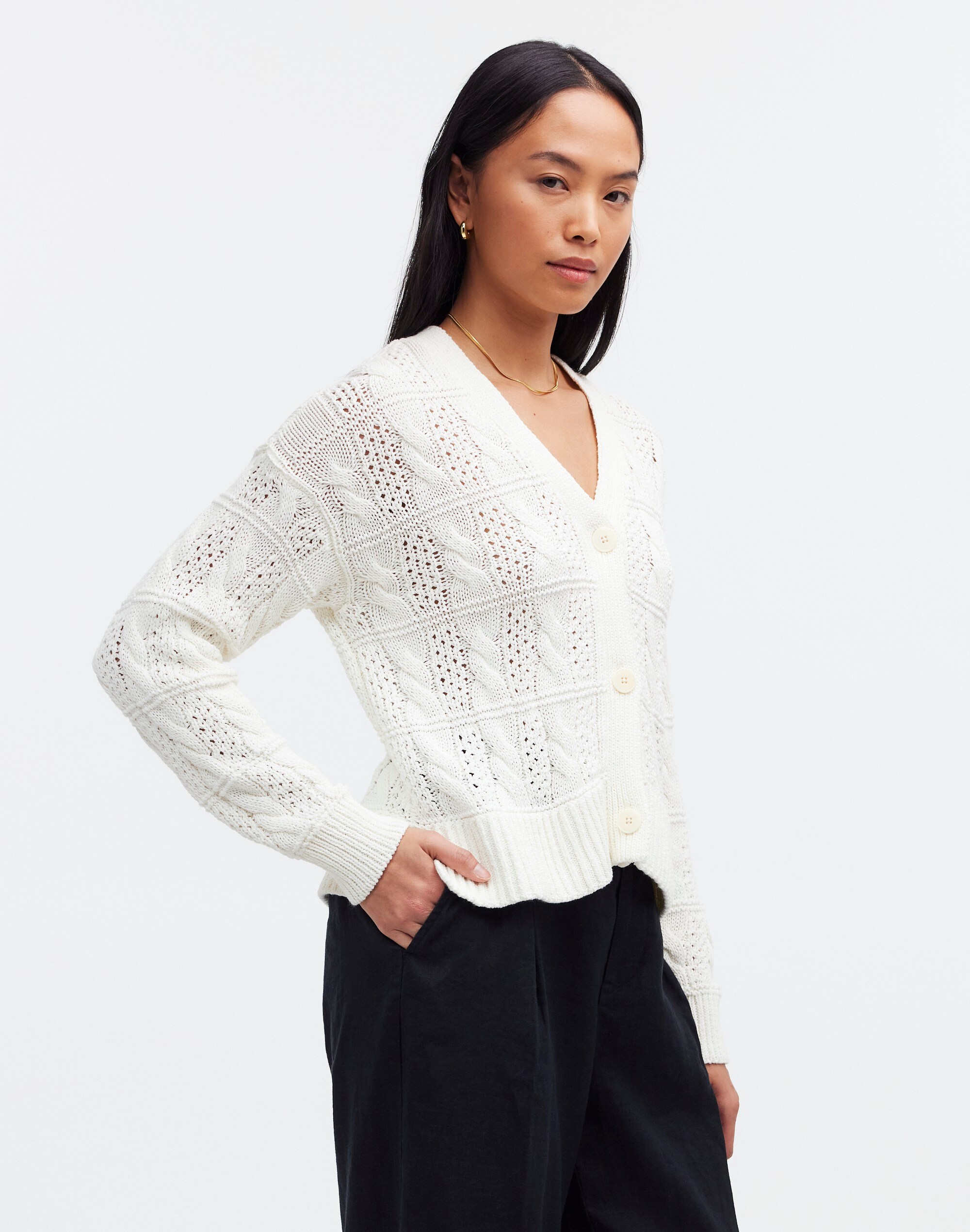 Open Cable-Stitch Cardigan Sweater