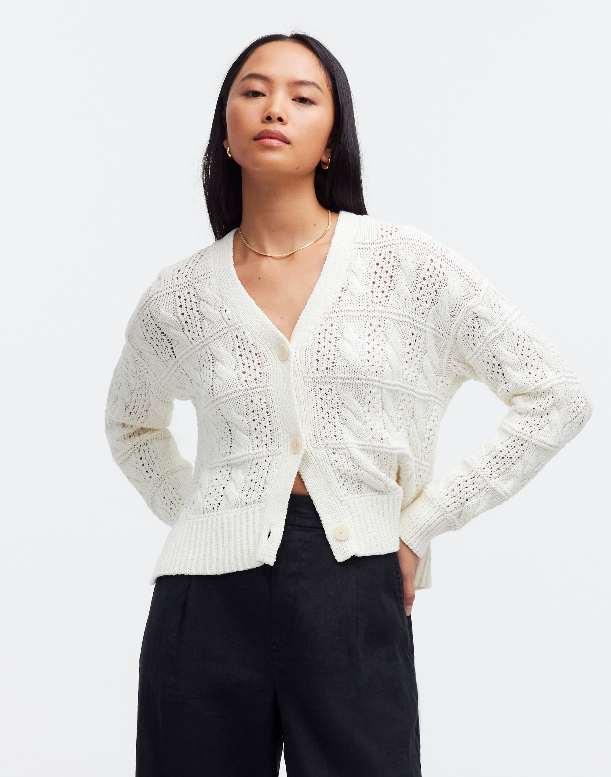 Mw Open Cable-stitch Cardigan Sweater In Bright Ivory