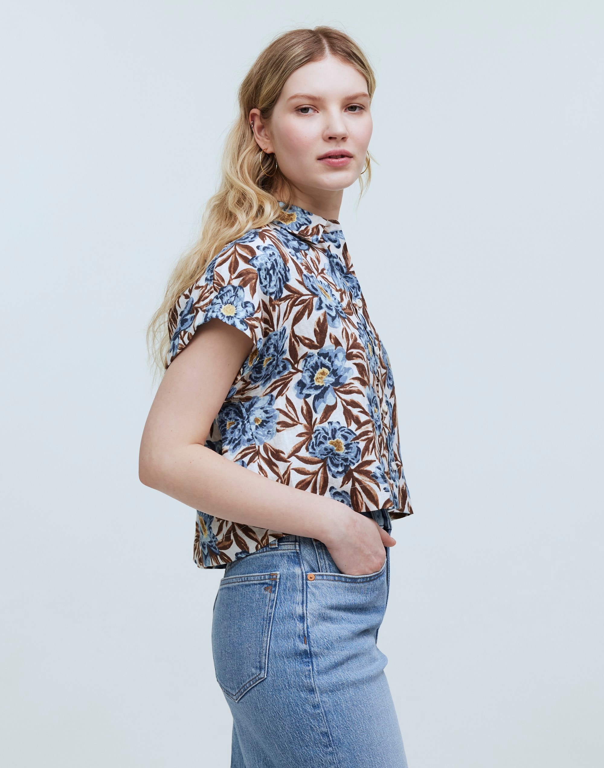 Crop Dolman Shirt in Floral 100% Linen