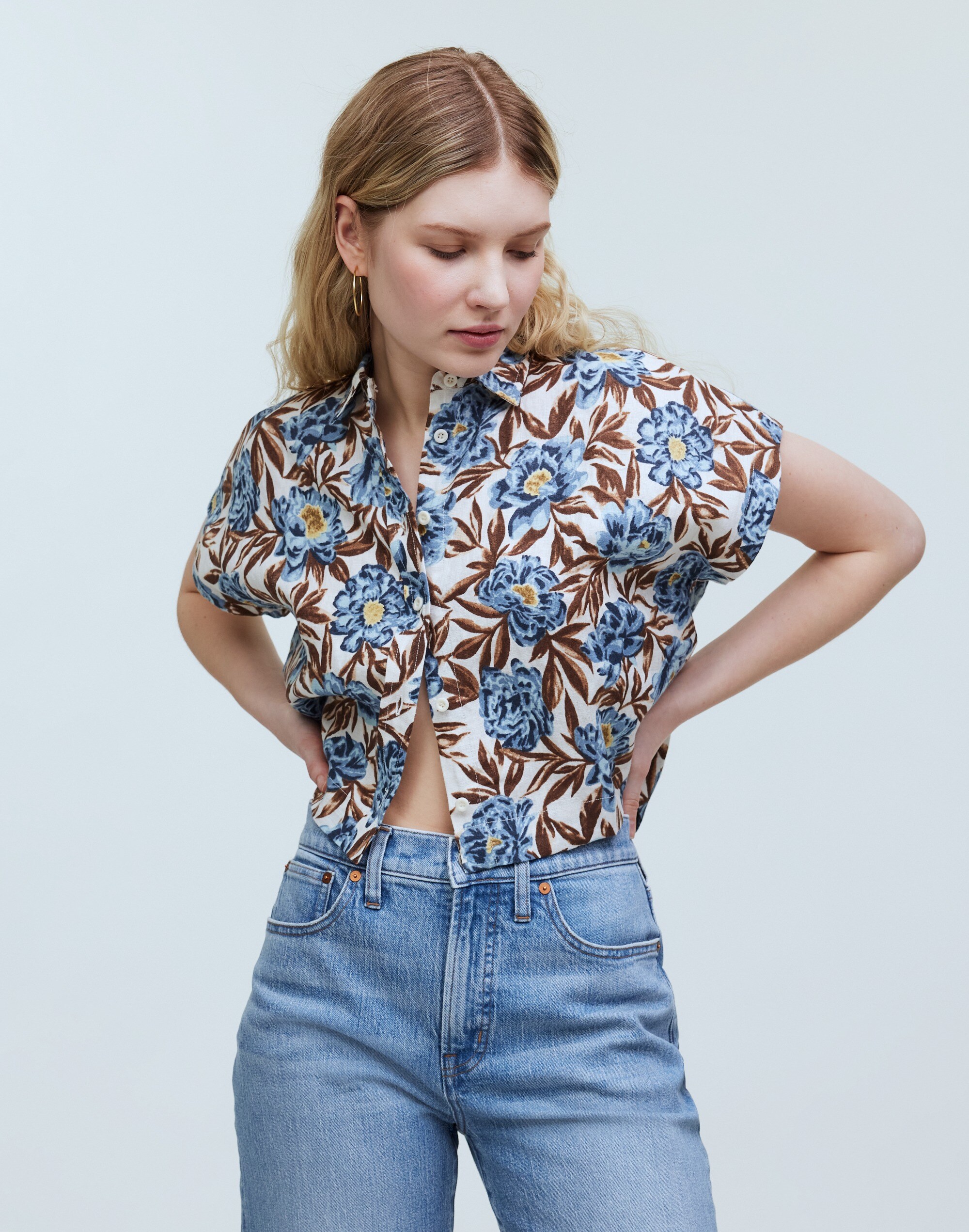 Crop Dolman Shirt in Floral 100% Linen