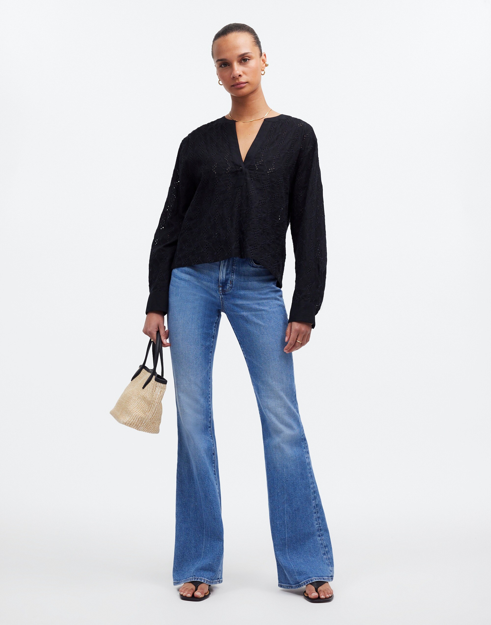 Long-Sleeve Popover Top in Eyelet