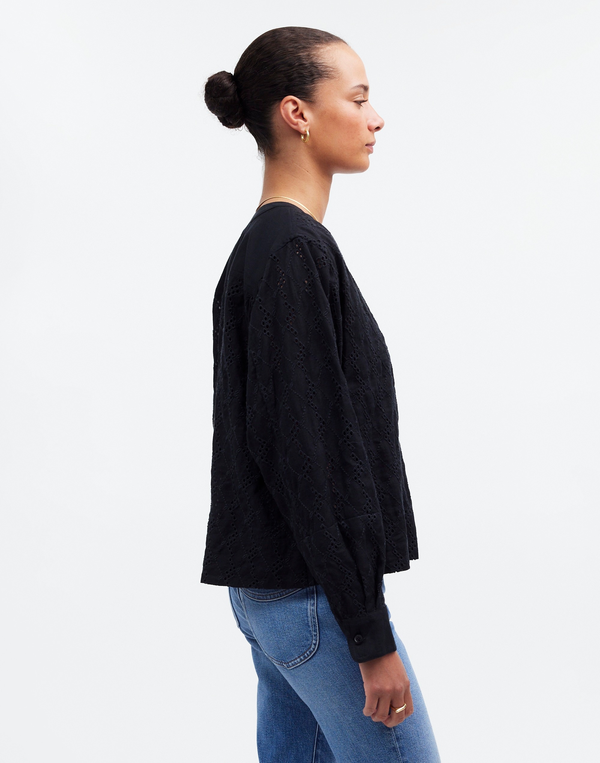 Long-Sleeve Popover Top in Eyelet