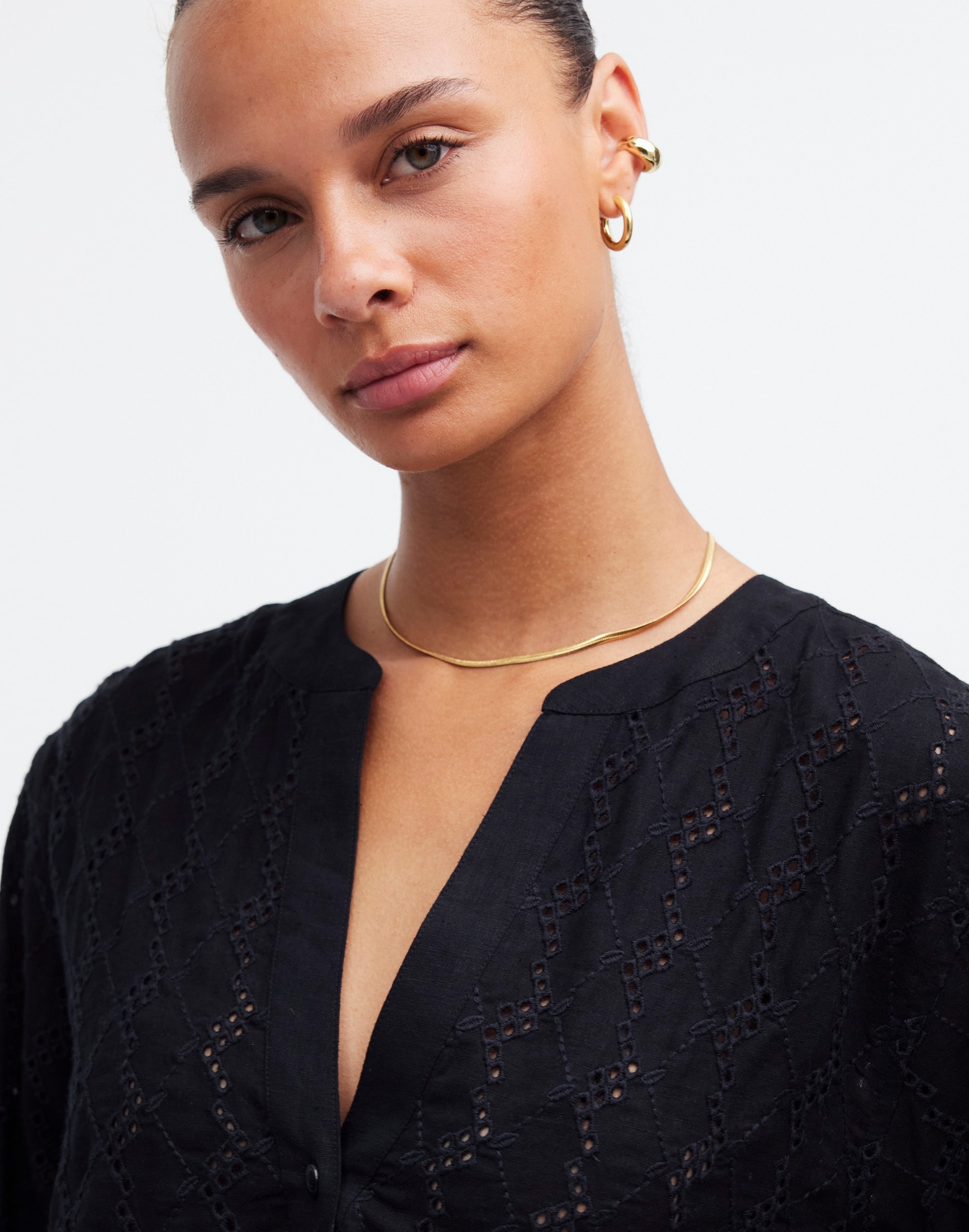 long-sleeve popover top in eyelet