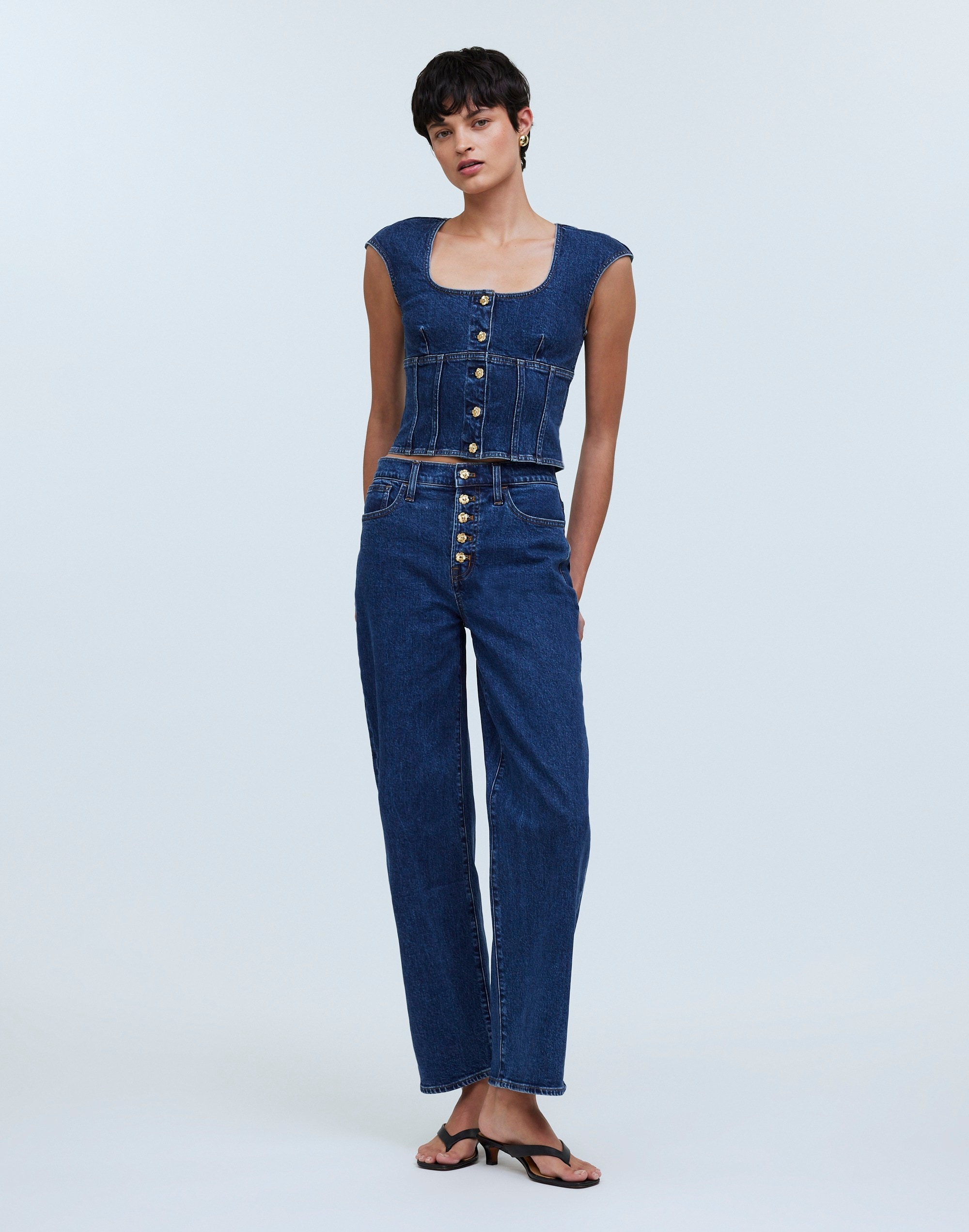 Denim Darted Crop Top in Marbern Wash in marbern wash image 2
