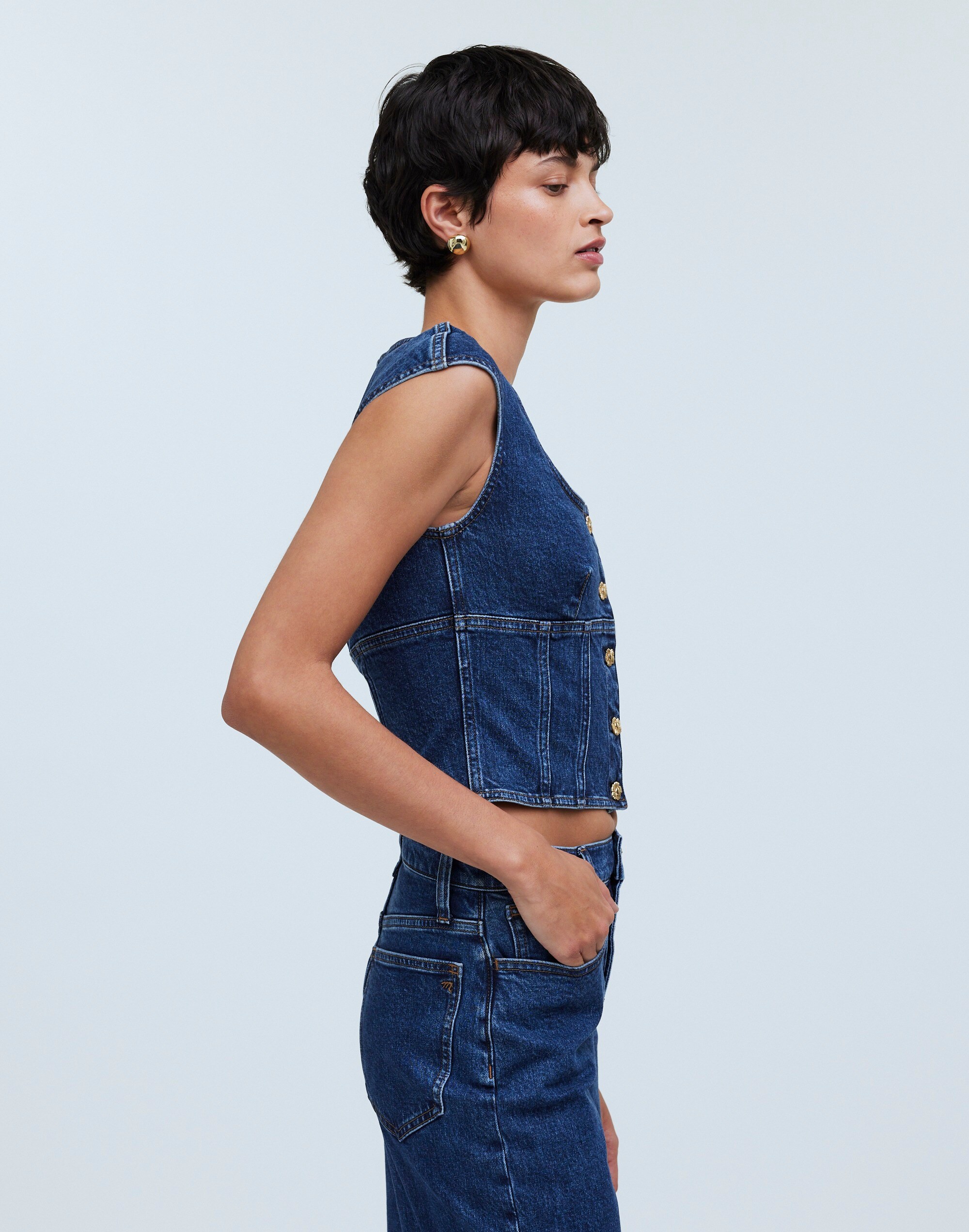Denim Darted Crop Top in Marbern Wash in marbern wash image 3