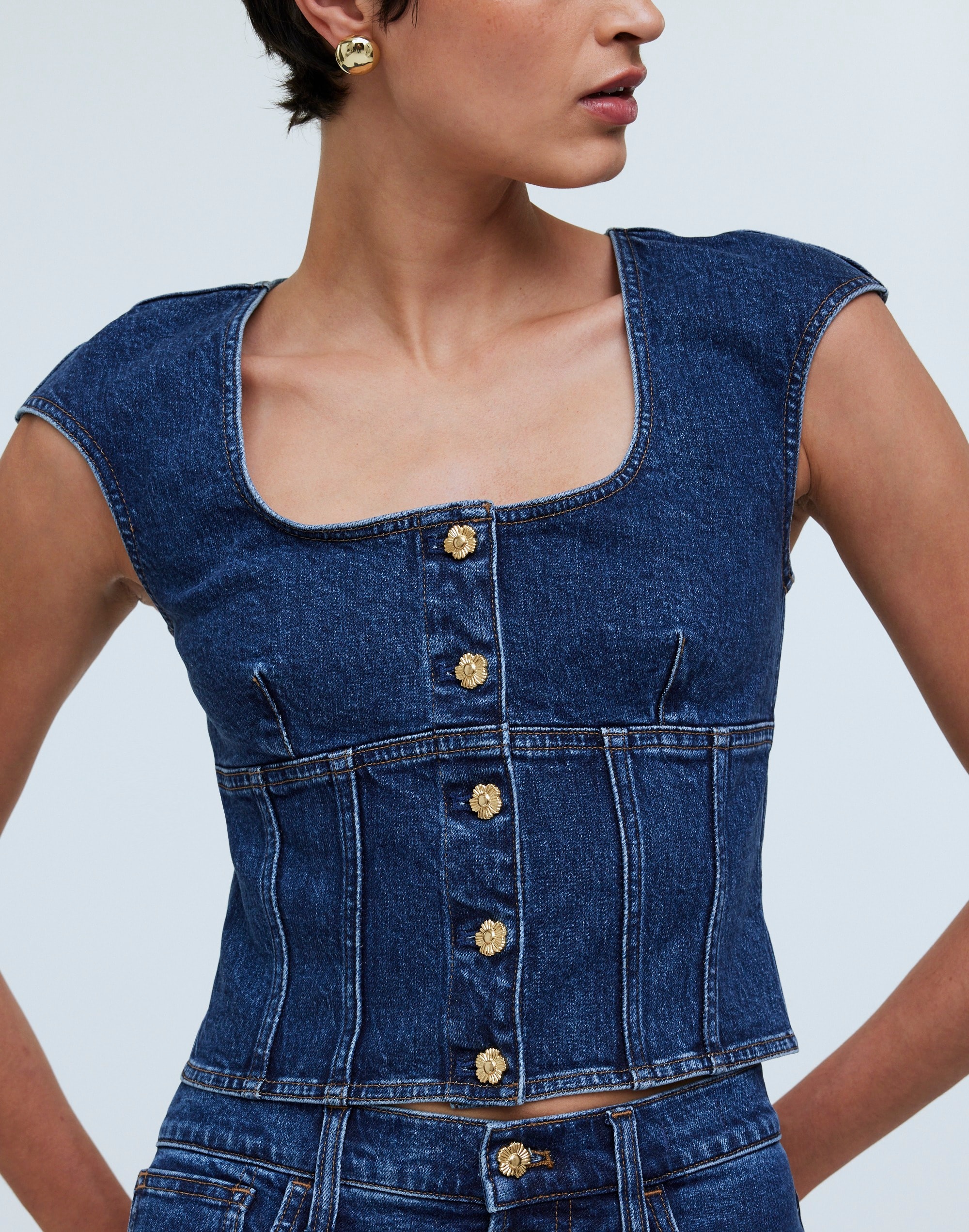 Denim Darted Crop Top in Marbern Wash in marbern wash image 5